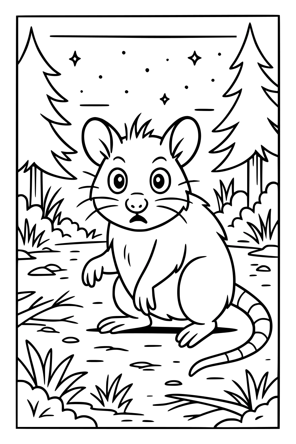Opossum with big eyes sits on forest floor, surrounded by grass and pine trees under a night sky with stars.