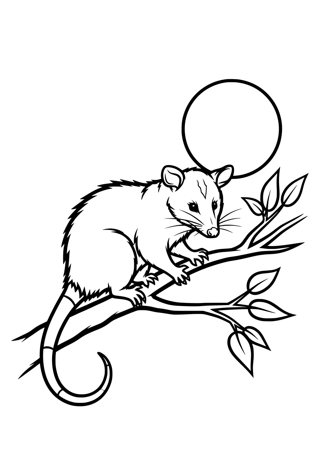 Opossum with bushy fur sitting on a tree branch with leaves and a full moon behind her.