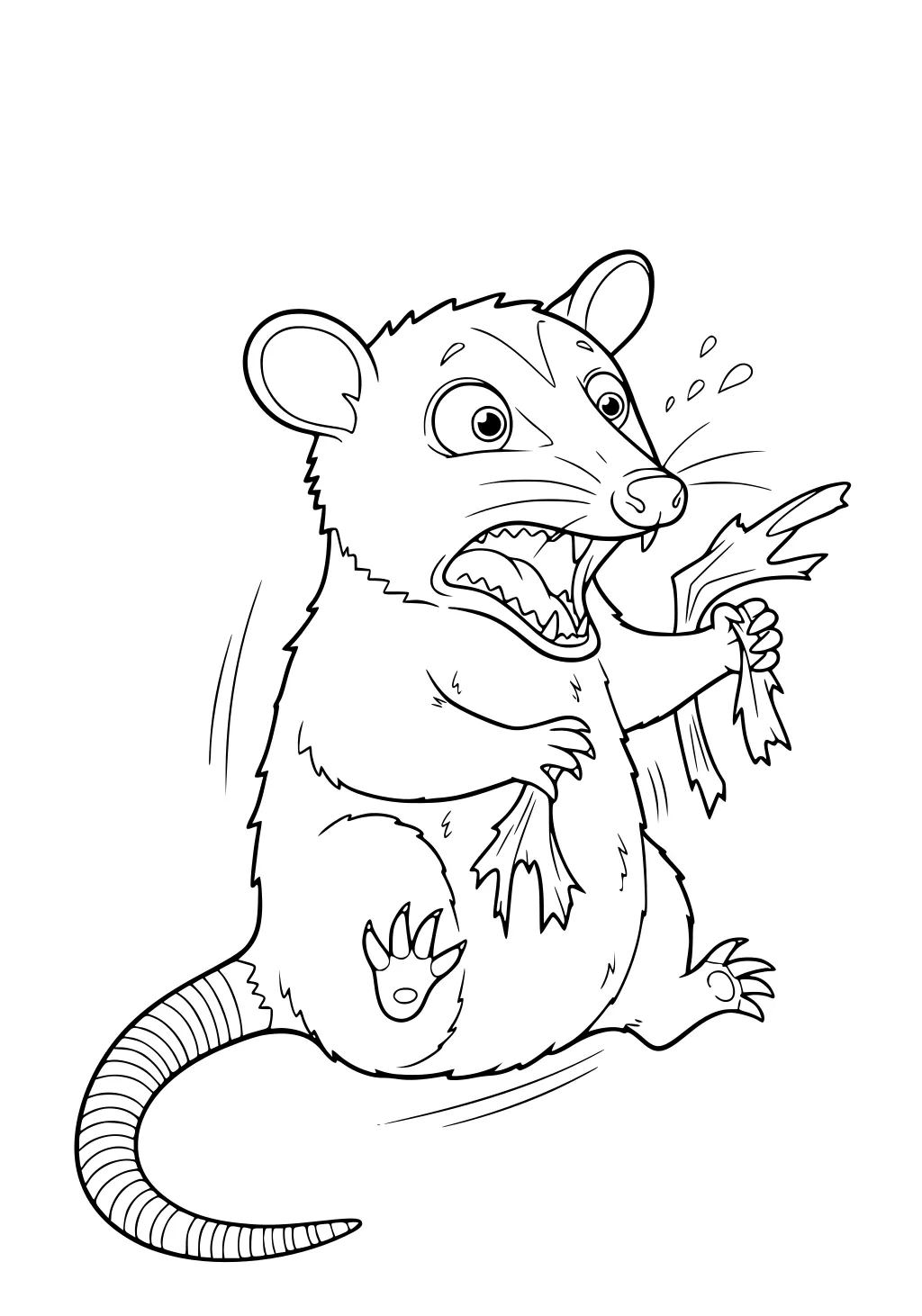 Cartoon opossum standing upright, mouth wide open in shock, holding torn scraps in both front paws, striped tail visible.