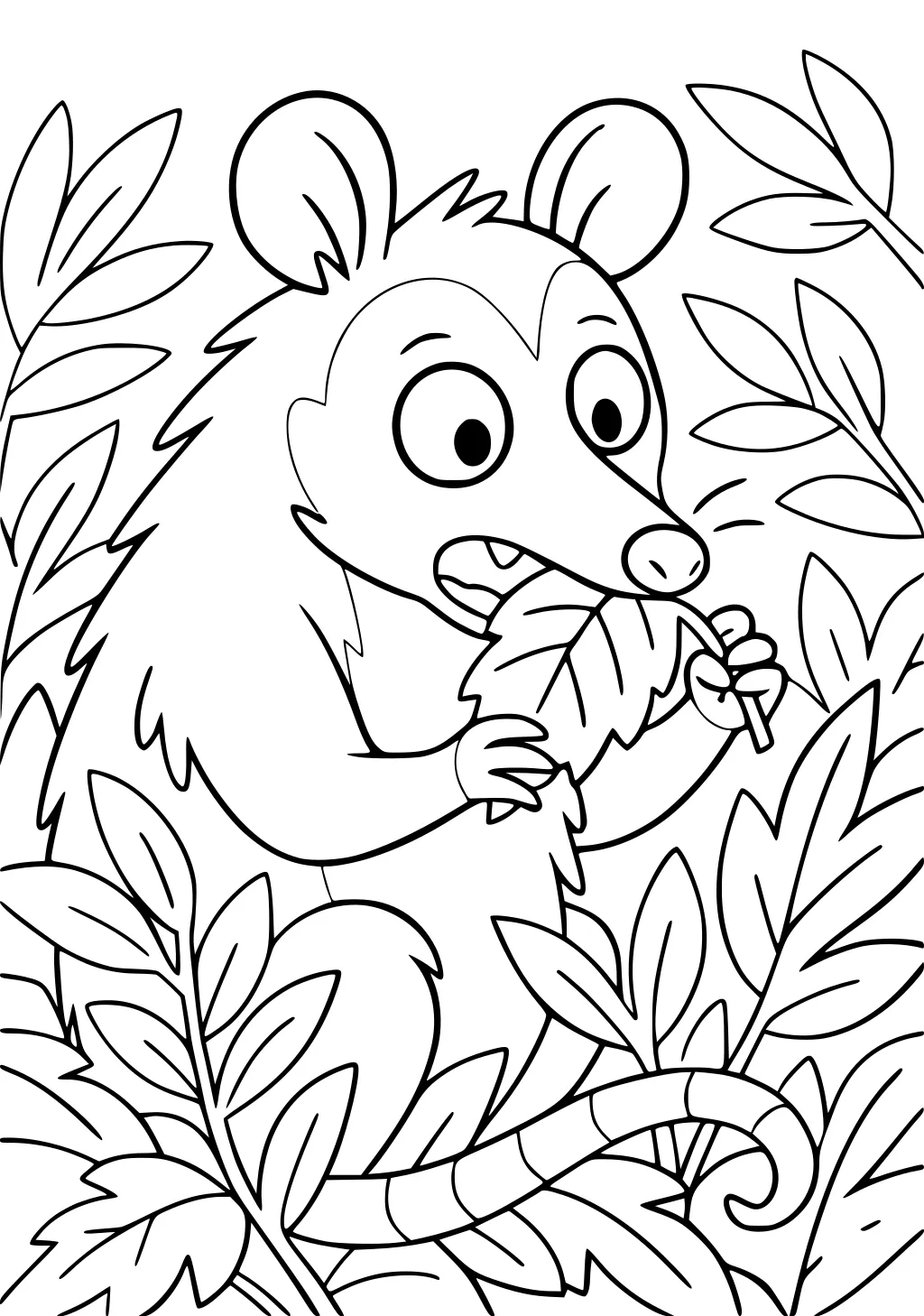 Cartoon opossum with big eyes nibbling a leaf, sitting in leafy branches with a long curled tail.