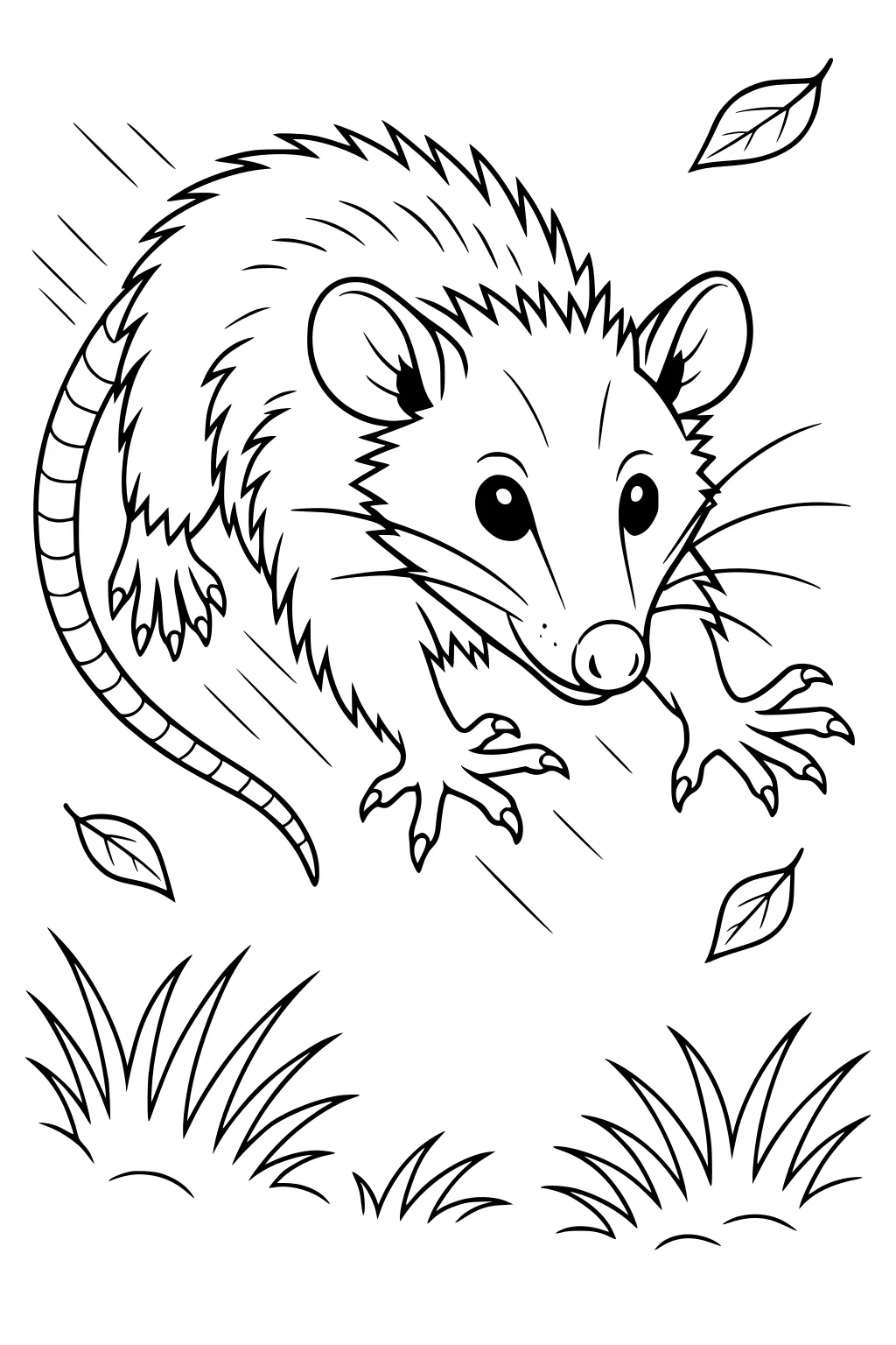 Opossum jumping over tufts of grass with three leaves and motion lines around her.