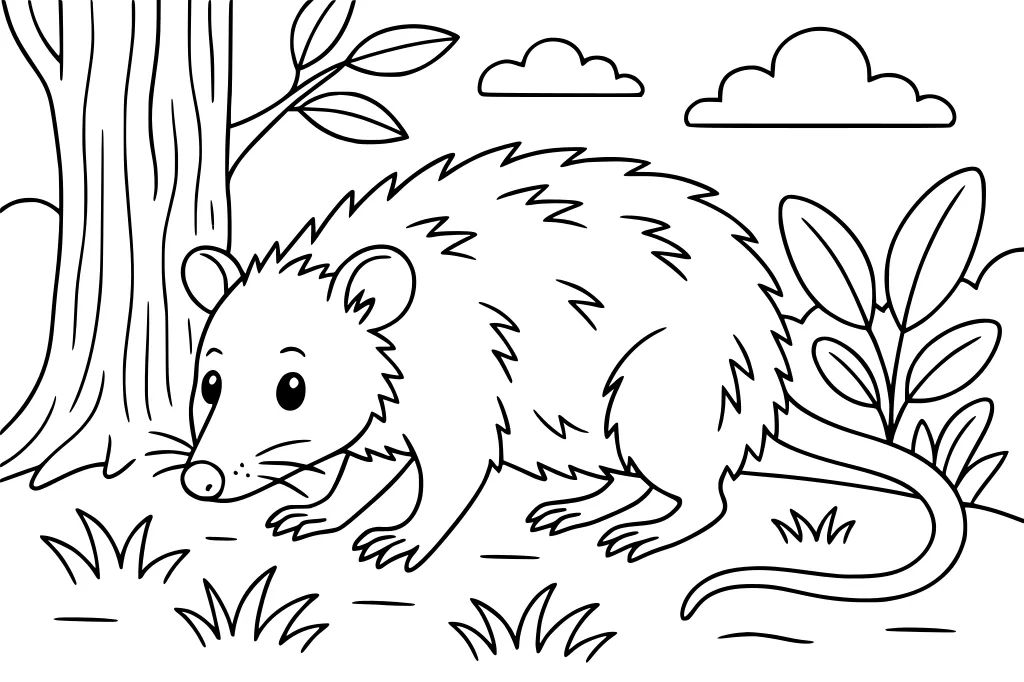 Cartoon opossum with fuzzy fur and long tail walks on grass by a tree, surrounded by bushes and clouds overhead.