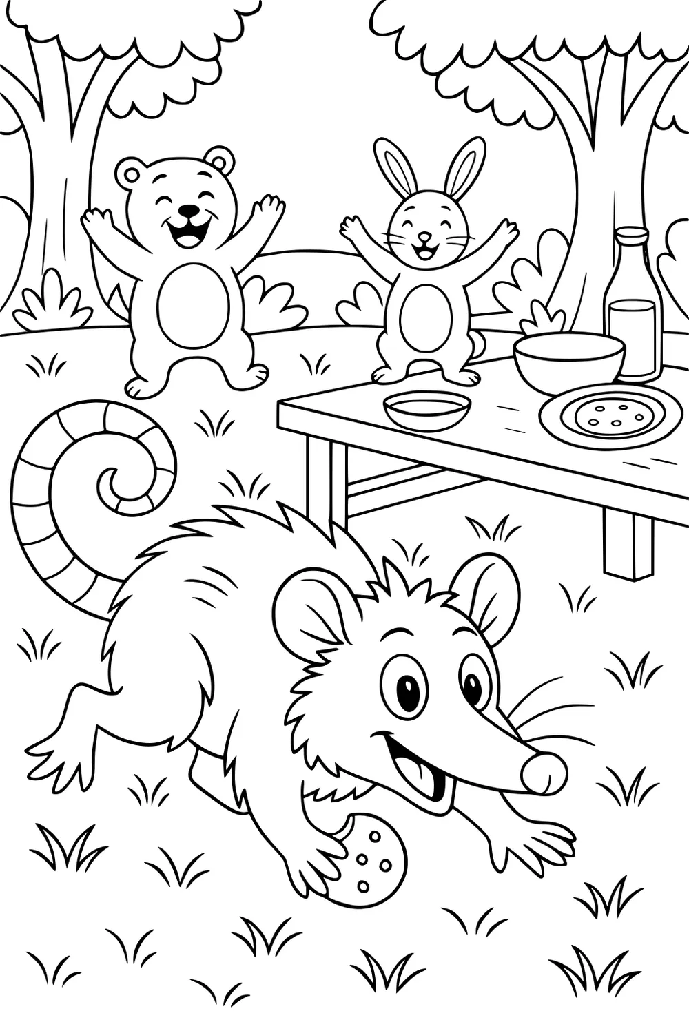 Happy opossum with a cookie, bear and rabbit with raised arms, picnic table with snacks, grassy park and trees.