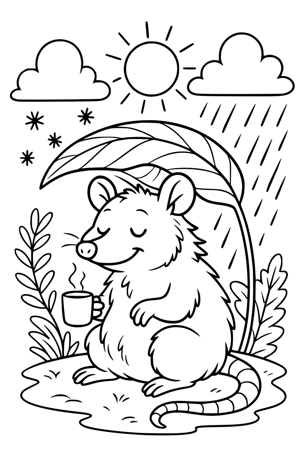 Opossum sits under a large leaf holding a mug, with sun, clouds, rain, stars, and plants.