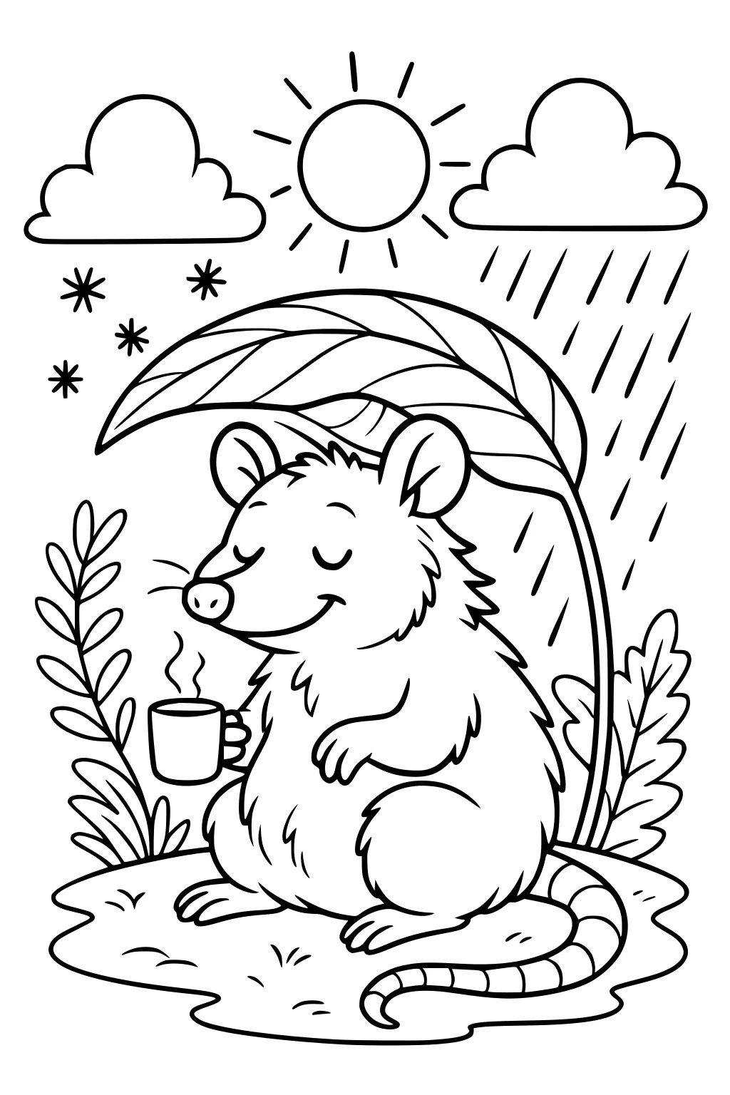 Opossum sits under a large leaf holding a mug, with sun, clouds, rain, stars, and plants.