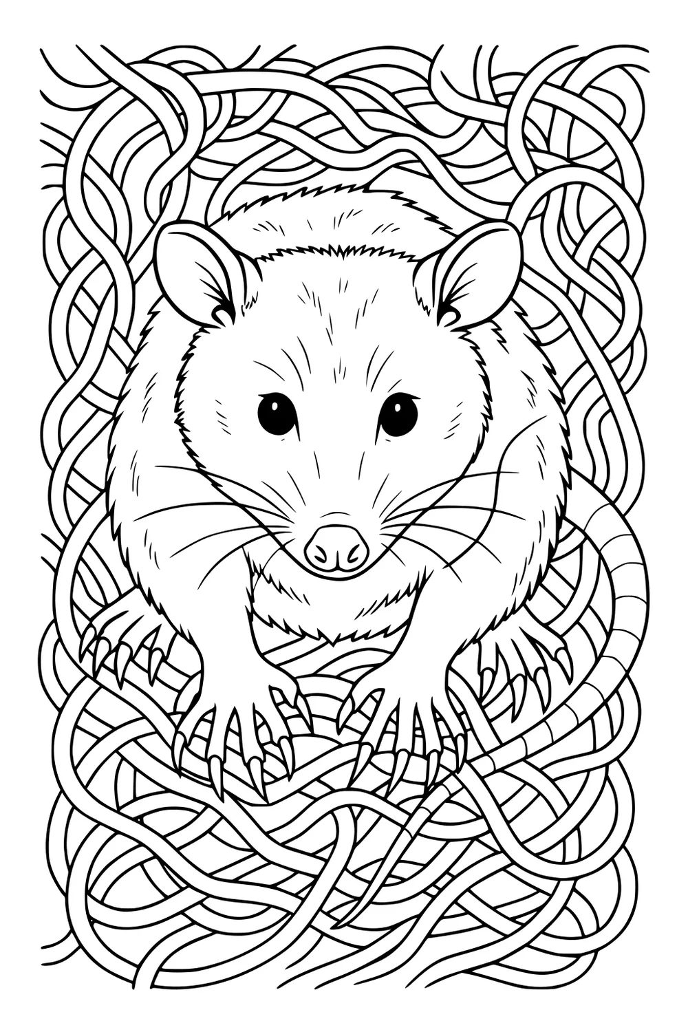 Opossum in a nest of twisted branches, looking forward with large eyes and outstretched paws.