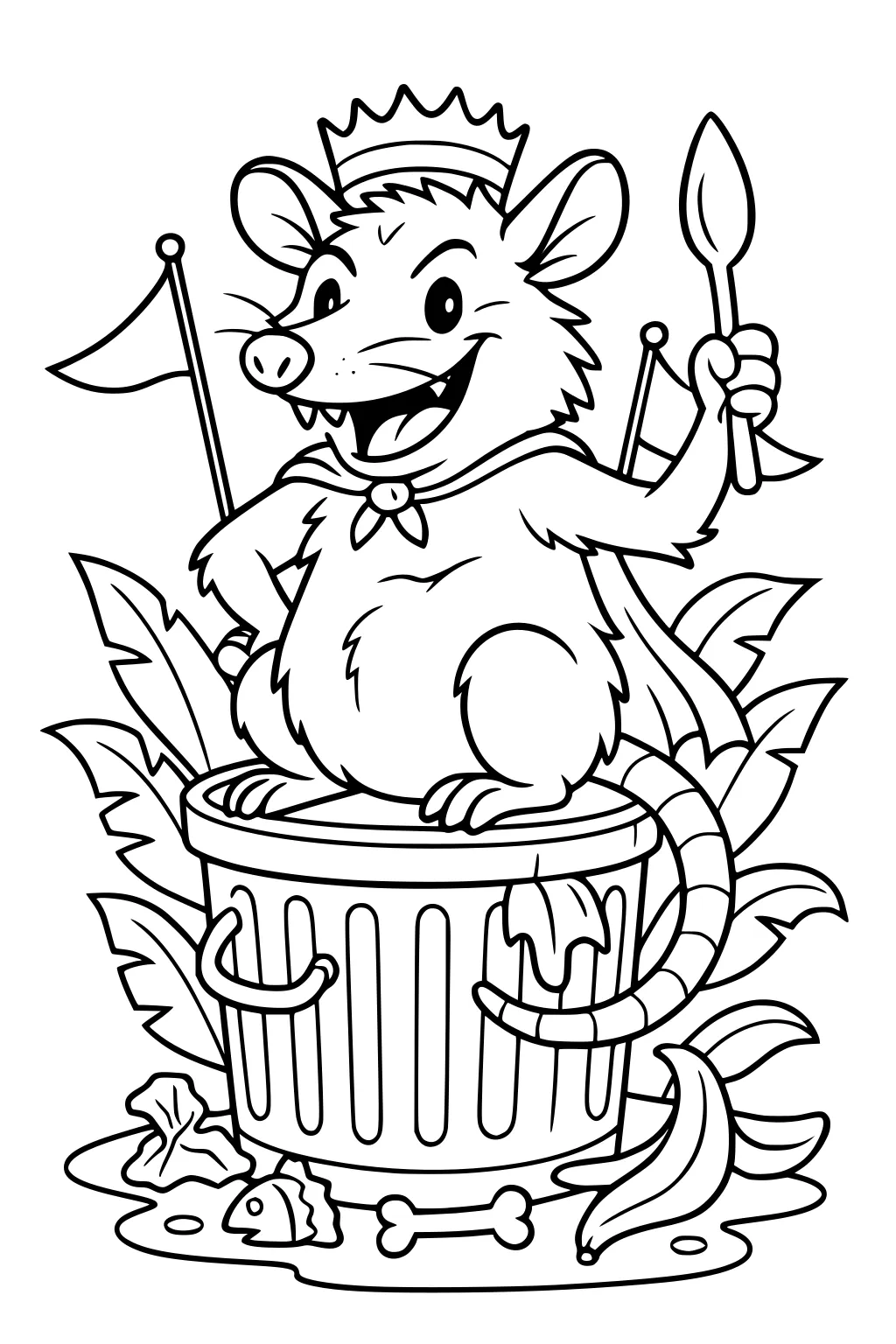 Opossum with crown and cape on trash can holding spoon, surrounded by banana peel, fish bones, and leafy plants.
