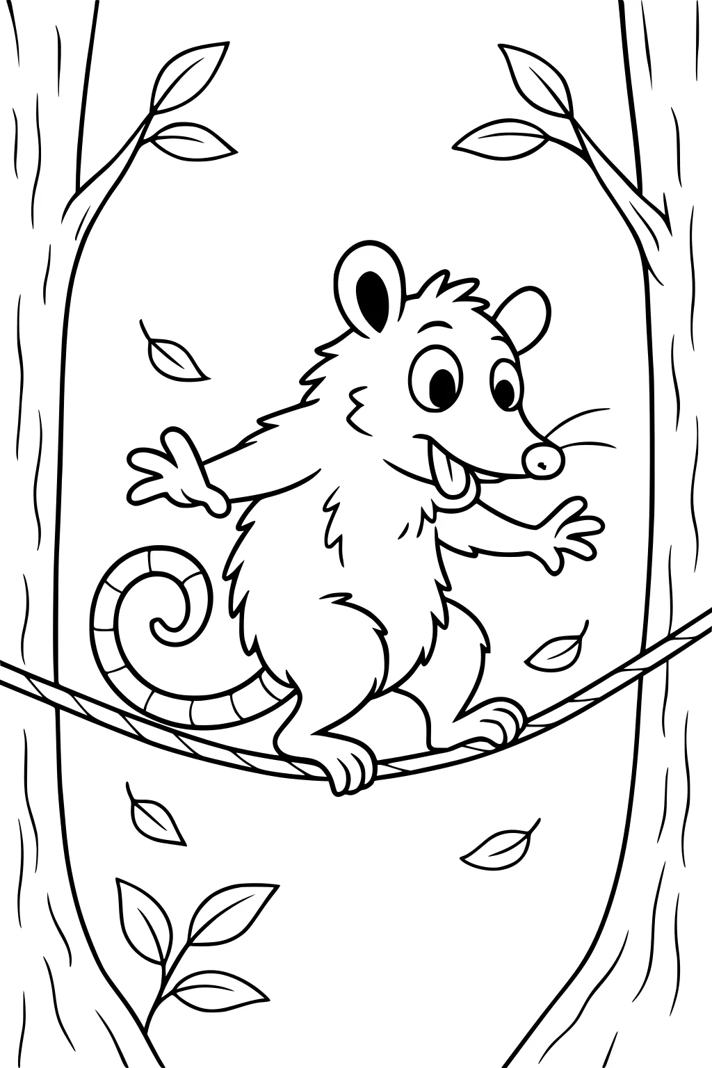 Opossum walking on a branch between two trees with scattered falling leaves around him.