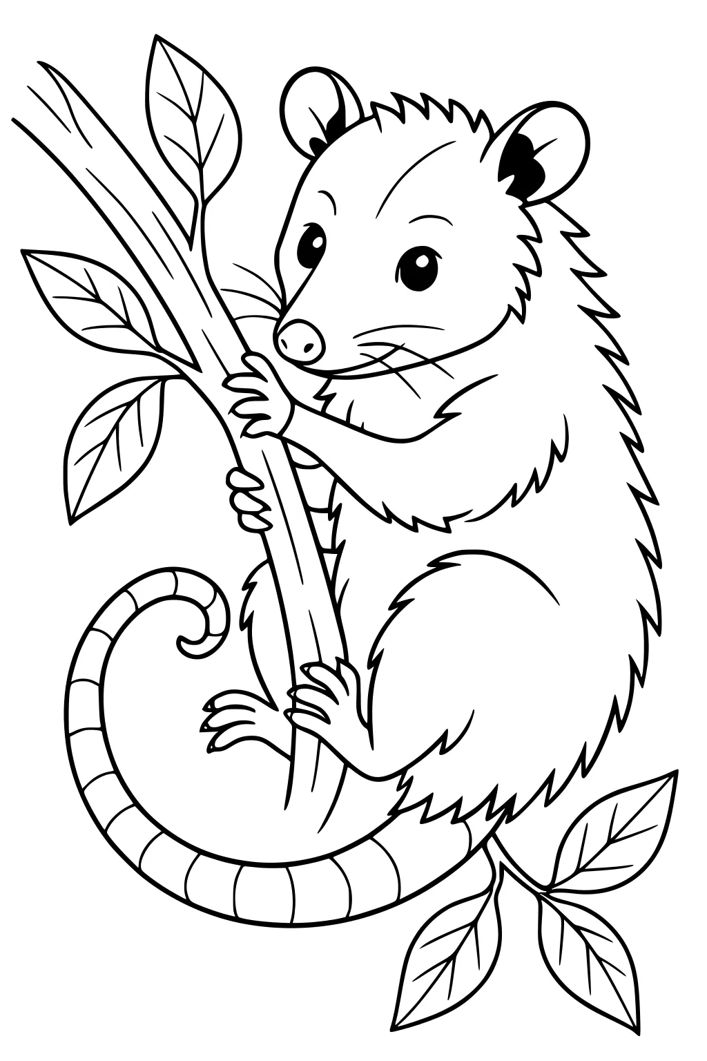 Opossum hanging onto a tree branch with four paws, bushy fur, and curled tail, surrounded by leafy twigs.