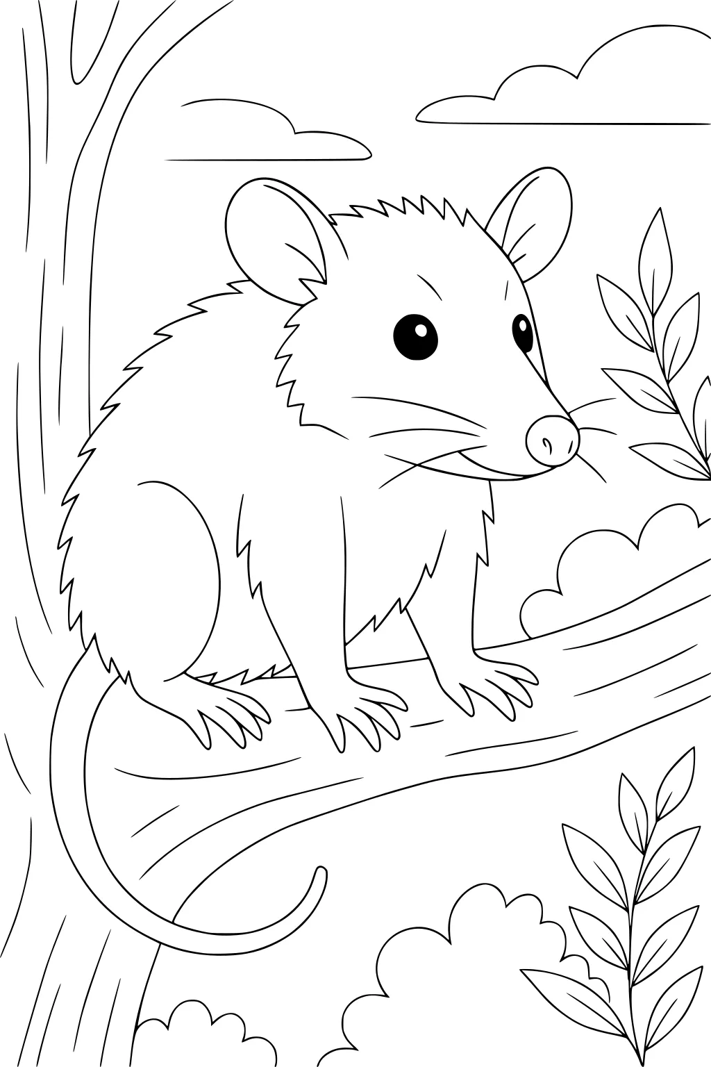 Opossum with pointy nose and round ears perched on tree branch, surrounded by leaves and clouds.