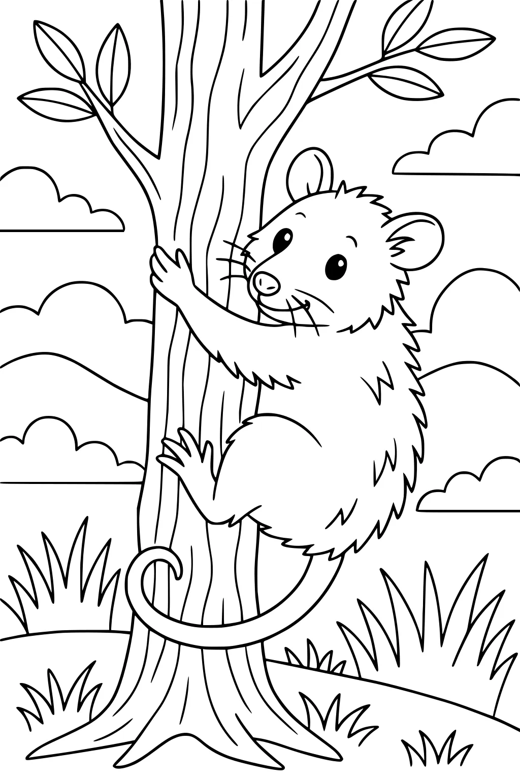 Opossum holding onto tree trunk with grassy ground, leafy branches, clouds, and hills in the background.