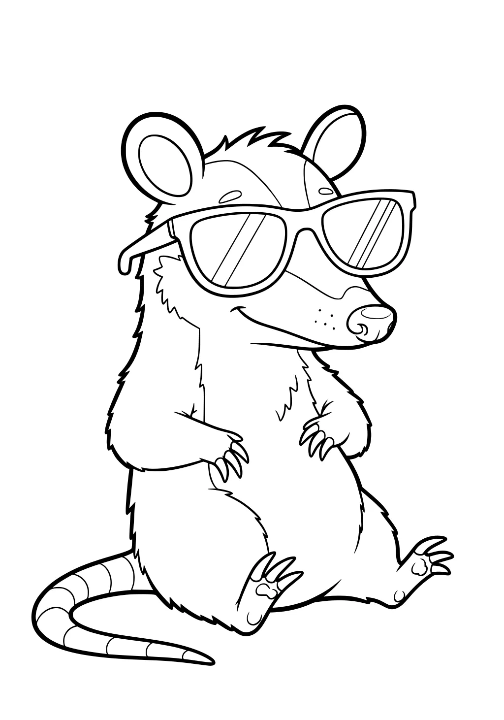 Cartoon opossum sitting upright, wearing large sunglasses, with a striped tail curled around its side.