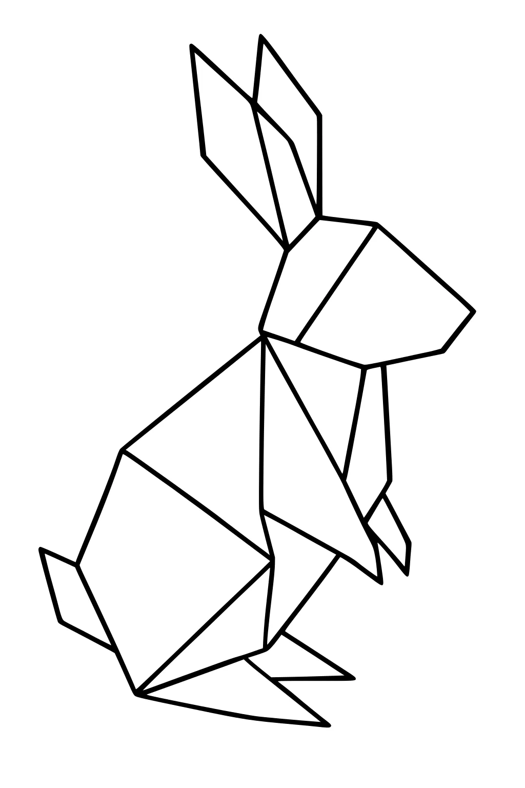 Geometric origami rabbit sitting upright with large pointed ears outlined in black lines.