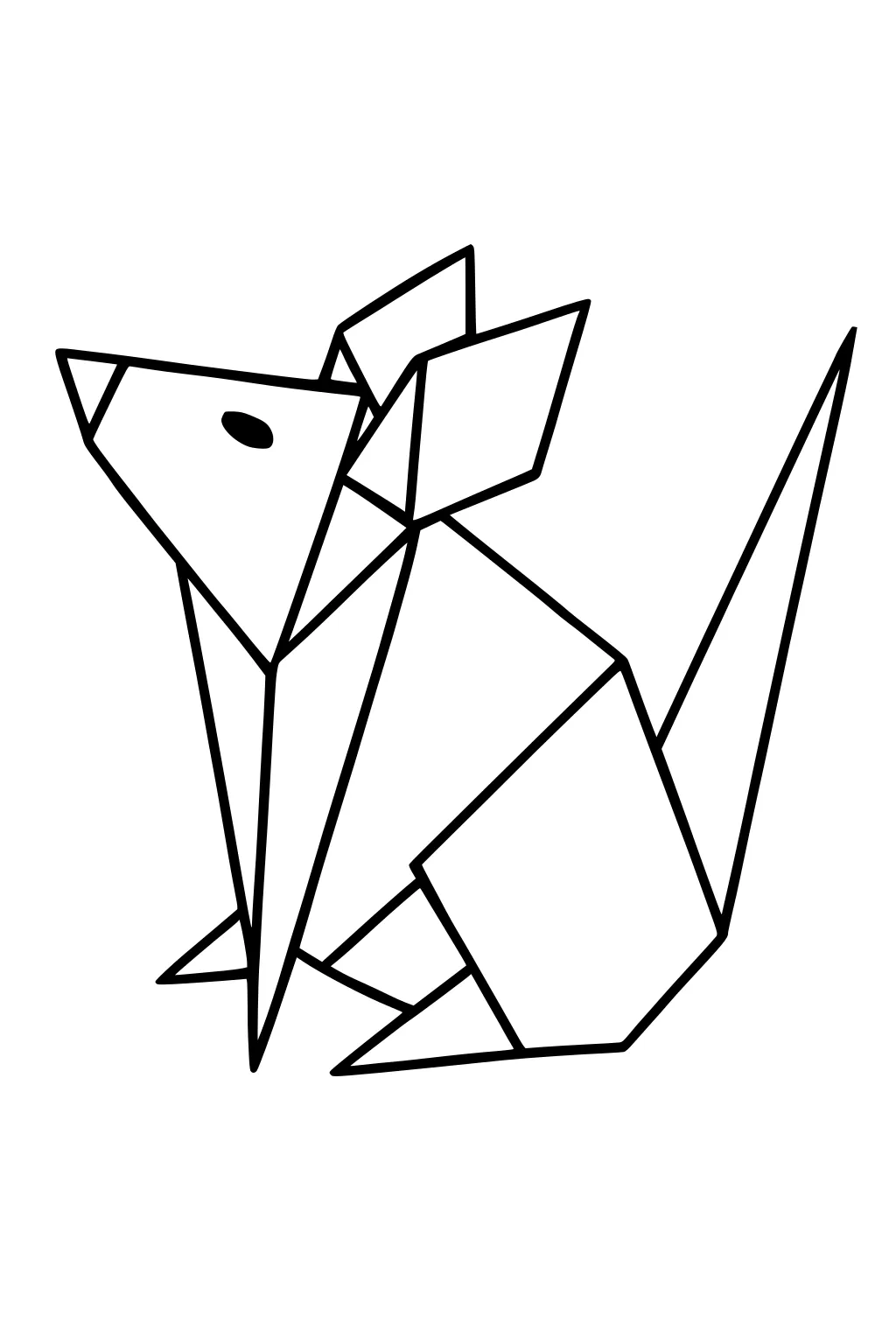 Origami mouse with sharp geometric shapes, big ears, pointy nose and long tail facing right.
