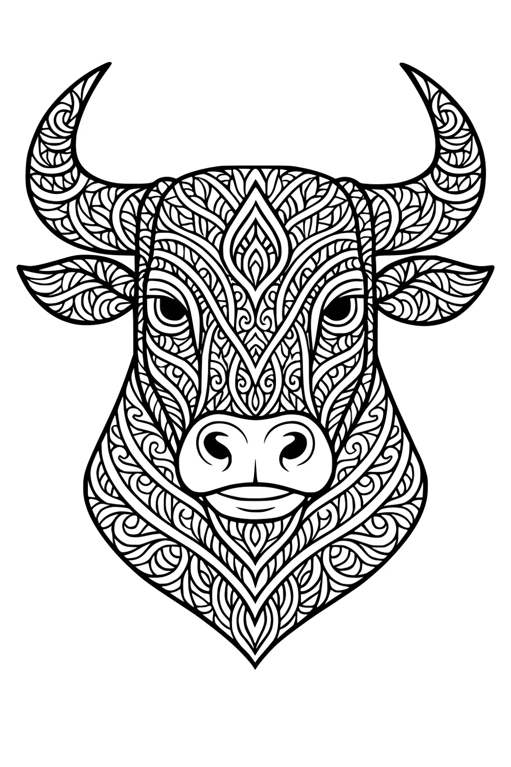 Intricately patterned bull head with large horns, wide nose, and swirling decorative lines on face and neck.