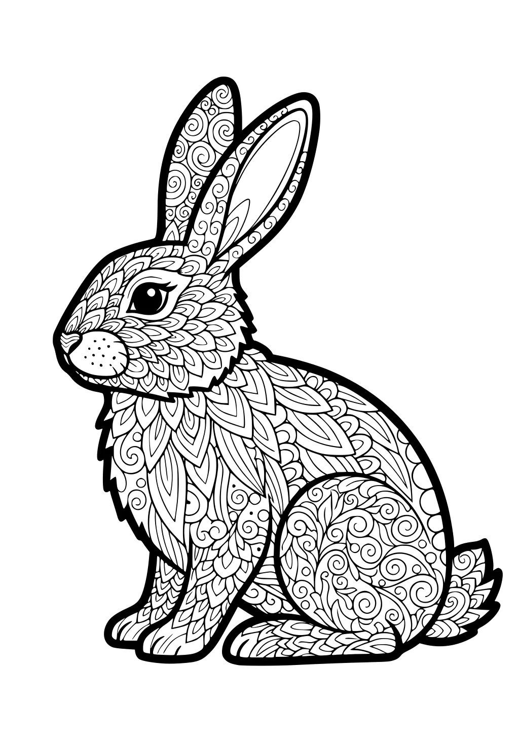 A rabbit sits upright with patterned fur, detailed with swirls and leaves, long ears, and a rounded tail outlined in black.