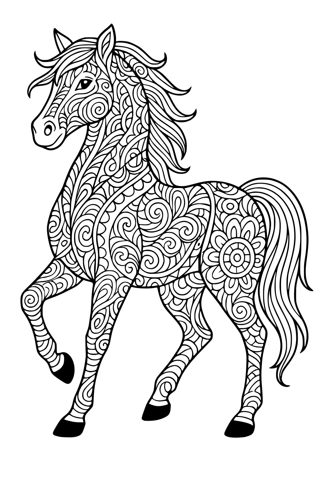Horse with long flowing mane and swirling patterns all over its body. One front leg raised, tail curving behind.