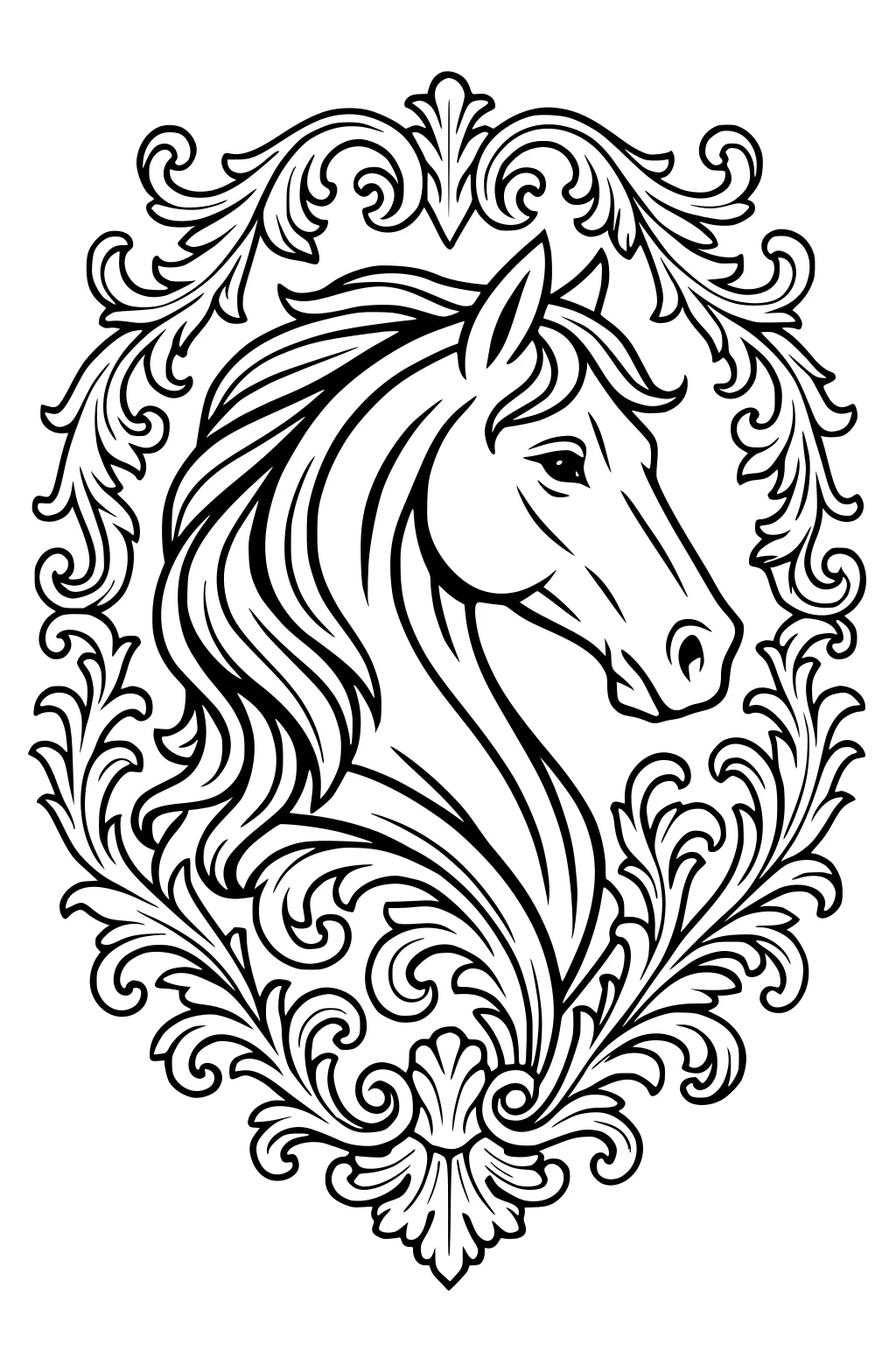 Line drawing of a horse head with flowing mane in an ornate leafy frame.