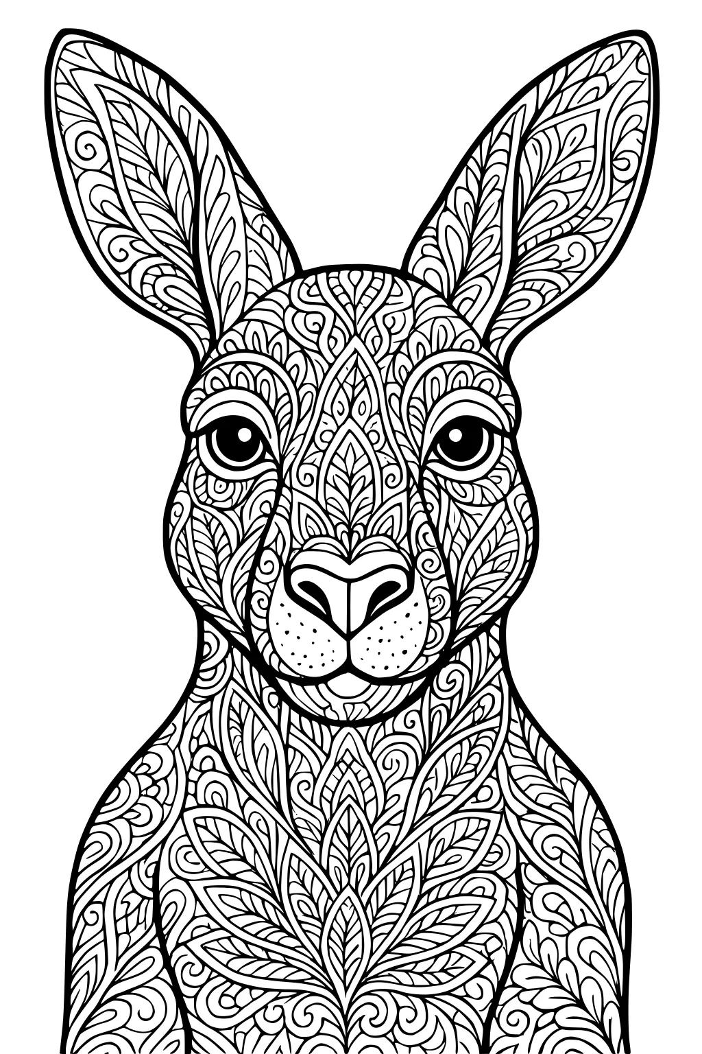 Kangaroo with large ears and elaborate leaf and swirl patterns covering its face and body.
