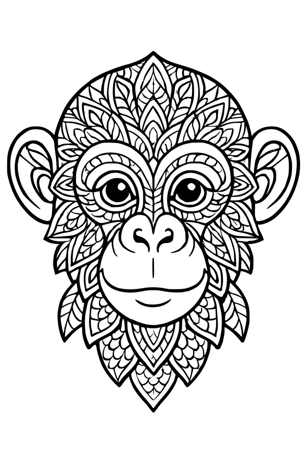 Stylized monkey head with large eyes, round ears, and leaf-shaped patterns filling the face and fur.