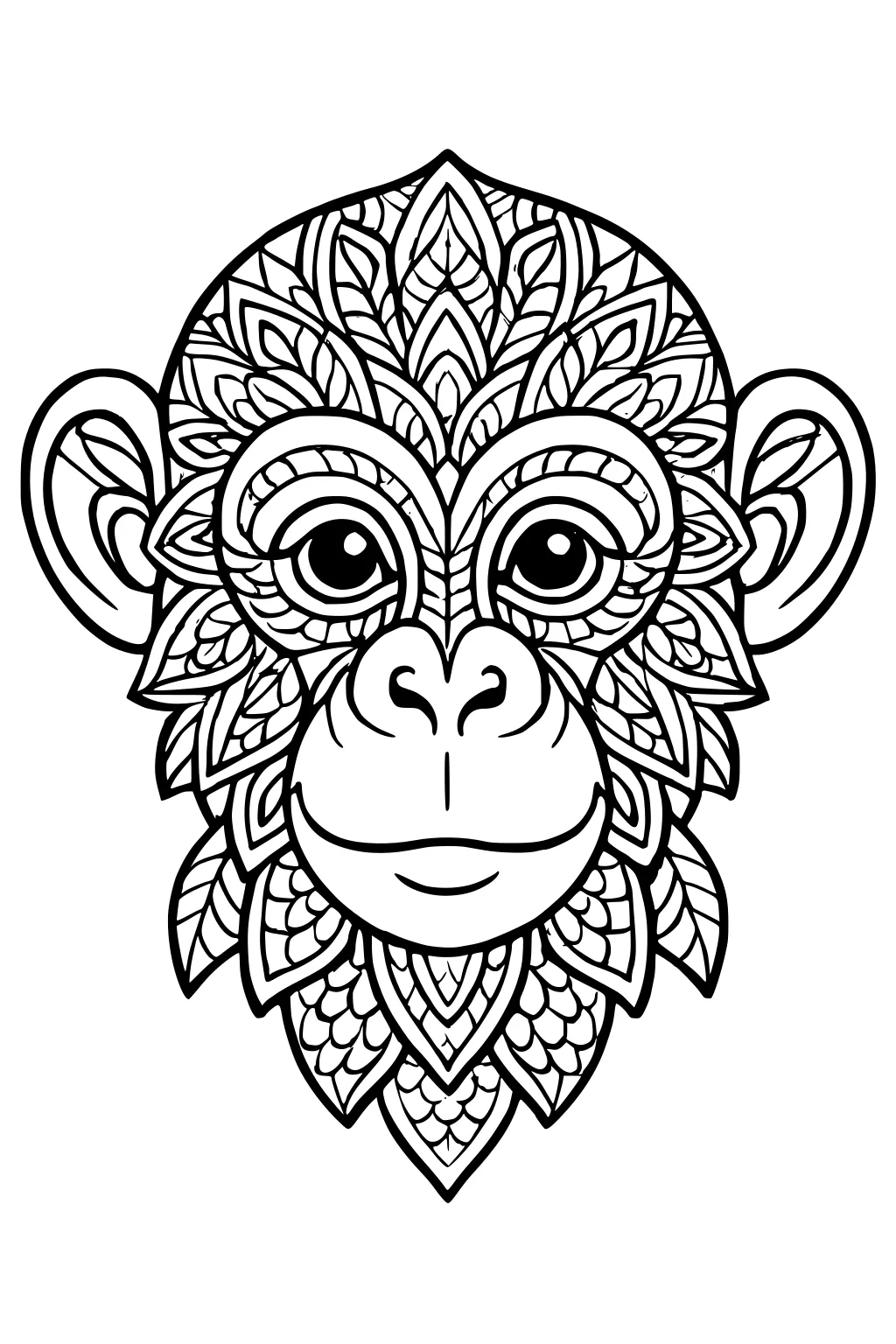 Stylized monkey head with large eyes, round ears, and leaf-shaped patterns filling the face and fur.