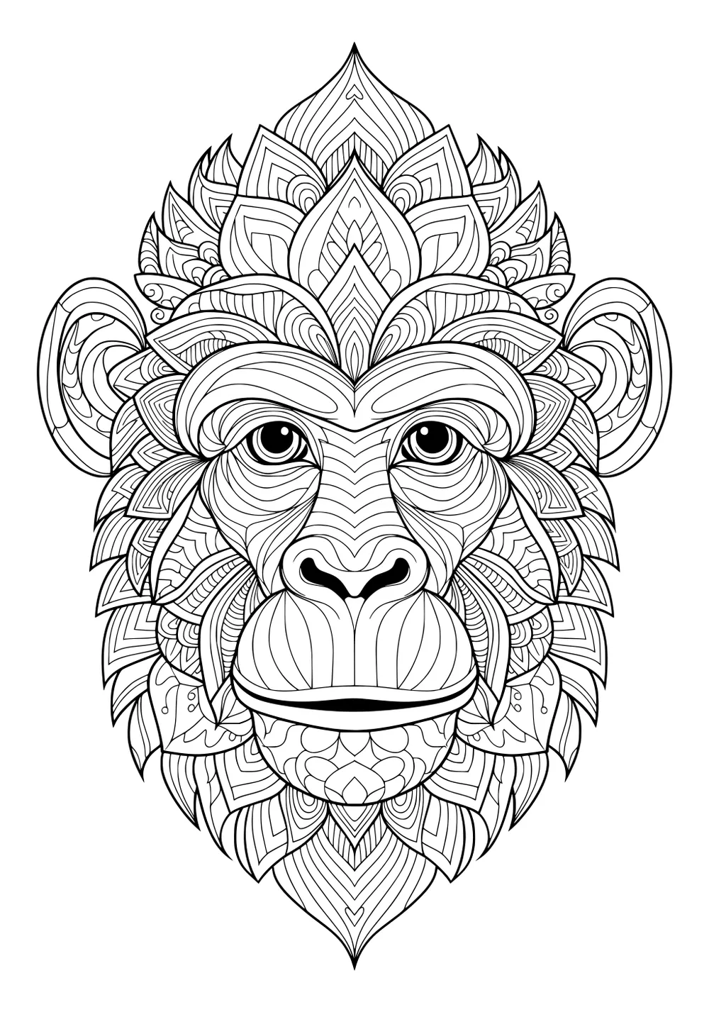 Monkey face filled with detailed geometric and swirling patterns, forward-facing, with big eyes and rounded ears.