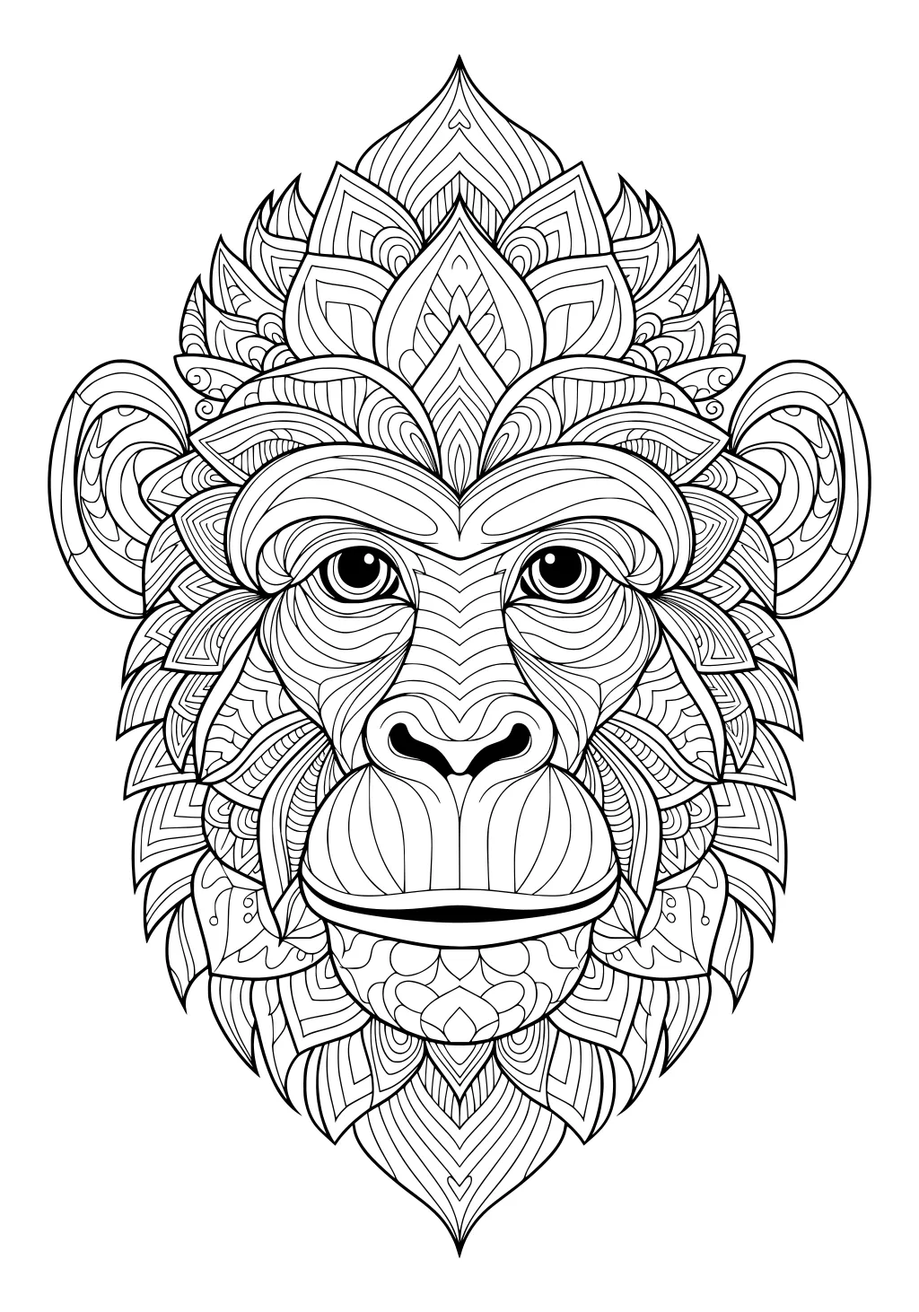 Monkey face filled with detailed geometric and swirling patterns, forward-facing, with big eyes and rounded ears.
