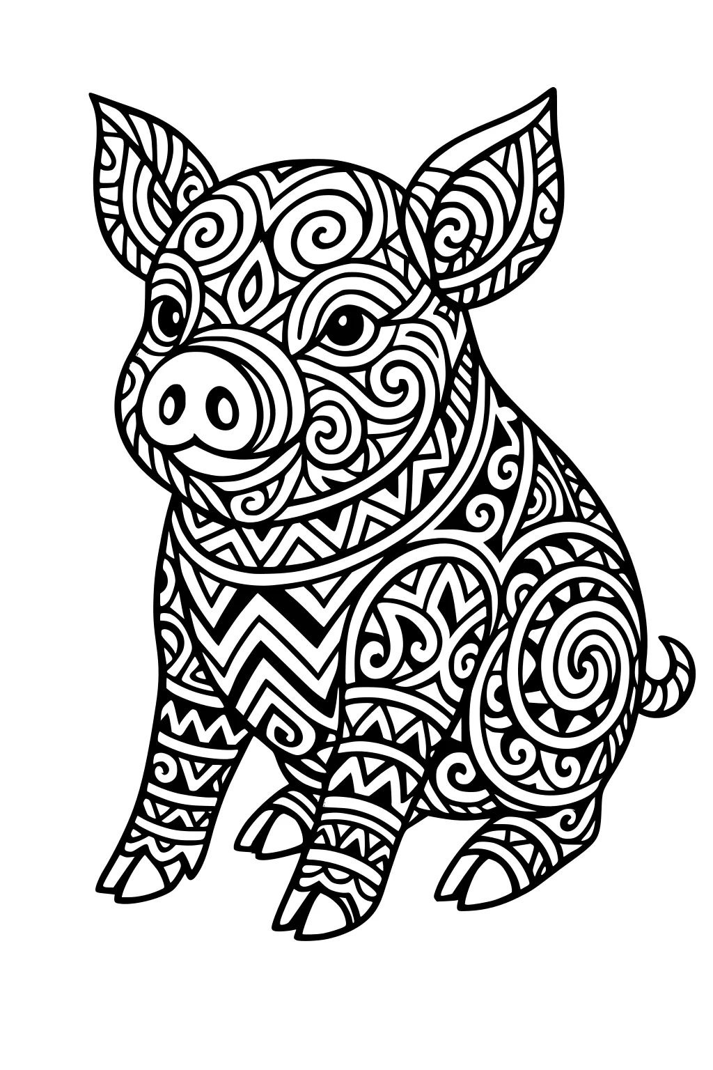 Pig with swirly and zigzag patterns all over body, sitting and facing forward with upright ears and hooves visible.