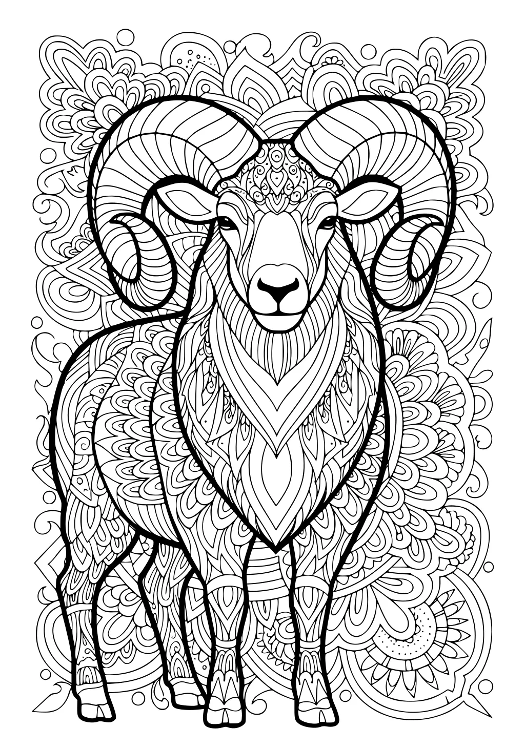 Ram with spiral horns and patterned wool standing in front of a detailed background of swirls and shapes.