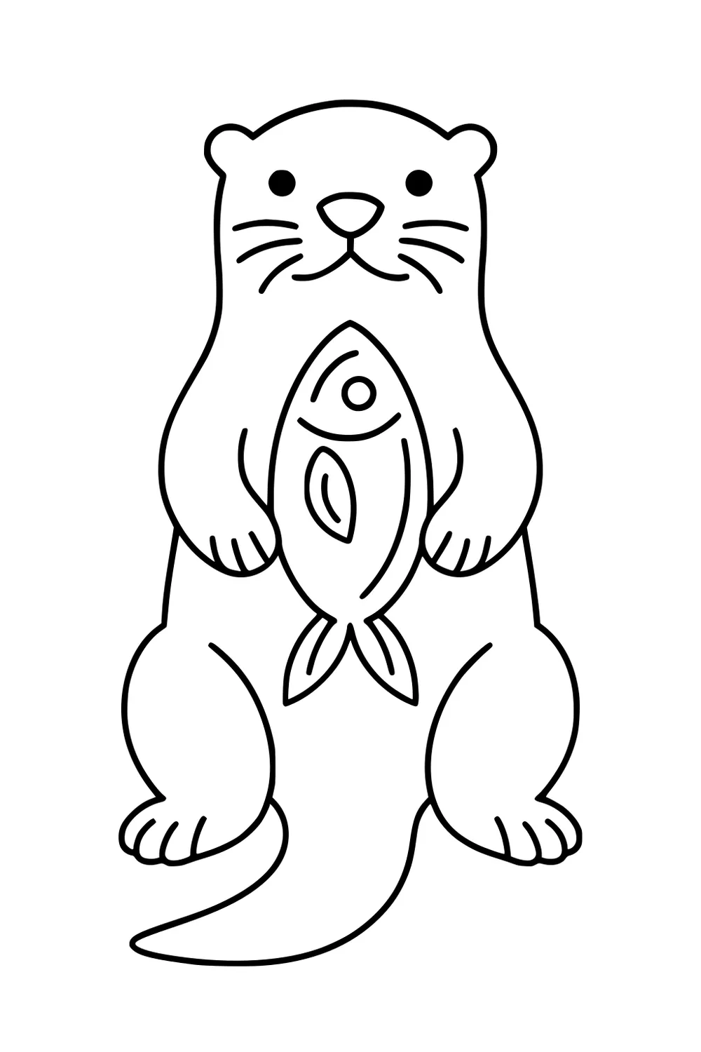 Cartoon otter sitting upright holding a fish with both paws, smiling with whiskers and rounded ears.