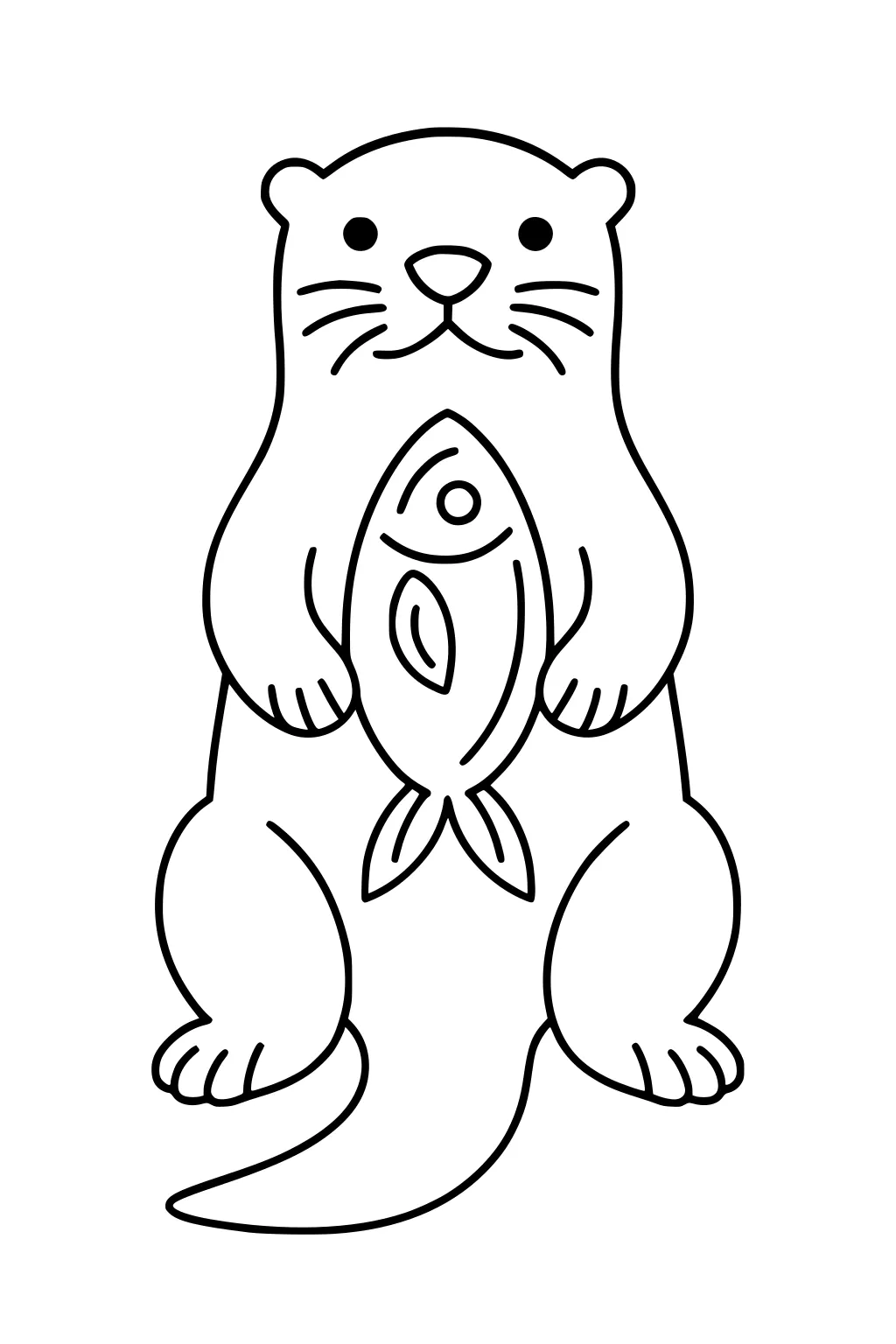 Cartoon otter sitting upright holding a fish with both paws, smiling with whiskers and rounded ears.