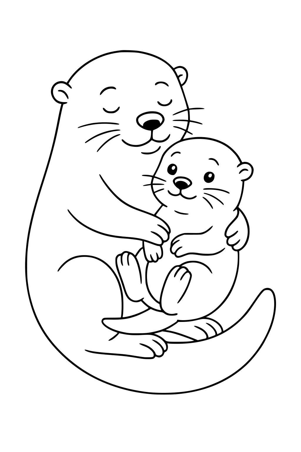 Mother otter hugging baby otter, both sitting and smiling with closed and open eyes.