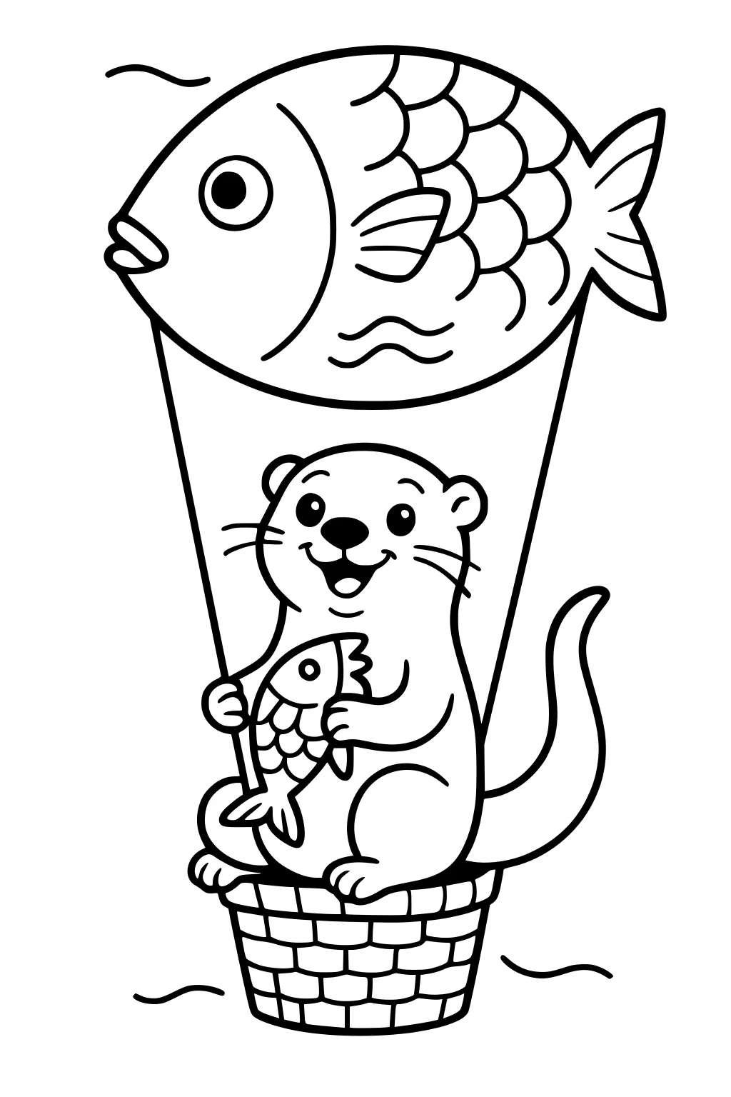 Happy otter in basket holding a small fish, floating with a giant fish-shaped balloon in the sky.