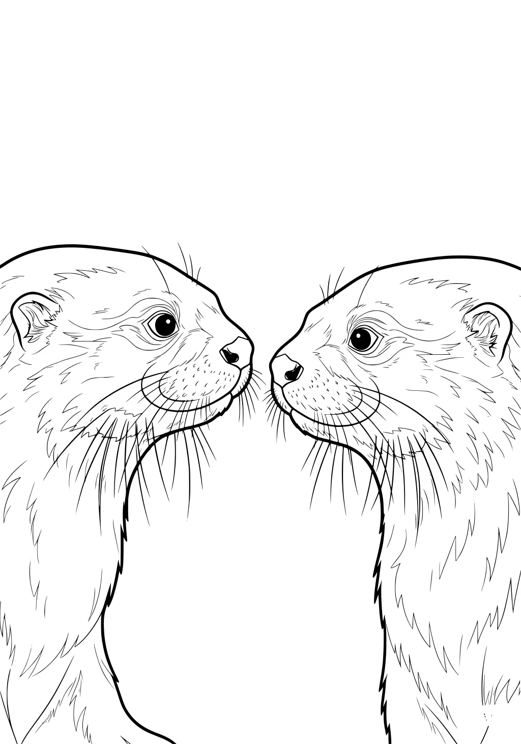 Two otters face each other nose to nose with long whiskers and furry cheeks, detailed black outlines on a white background.