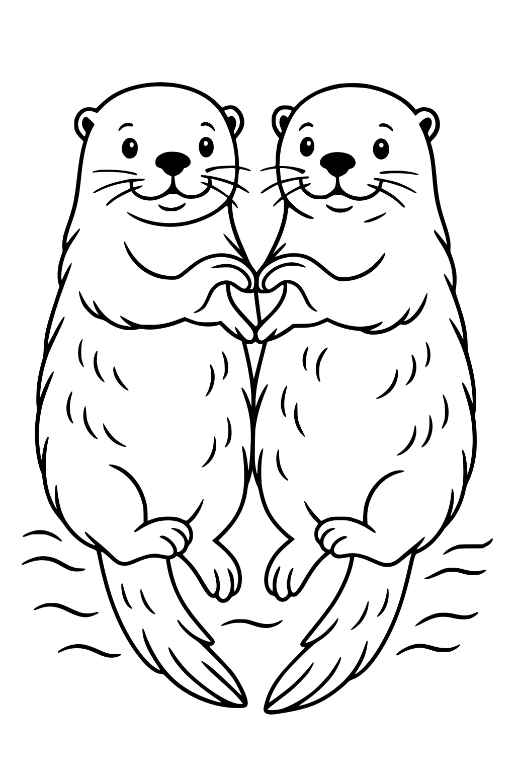 Two otters holding paws making a heart shape while floating in water, both smiling with their long tails curled under.