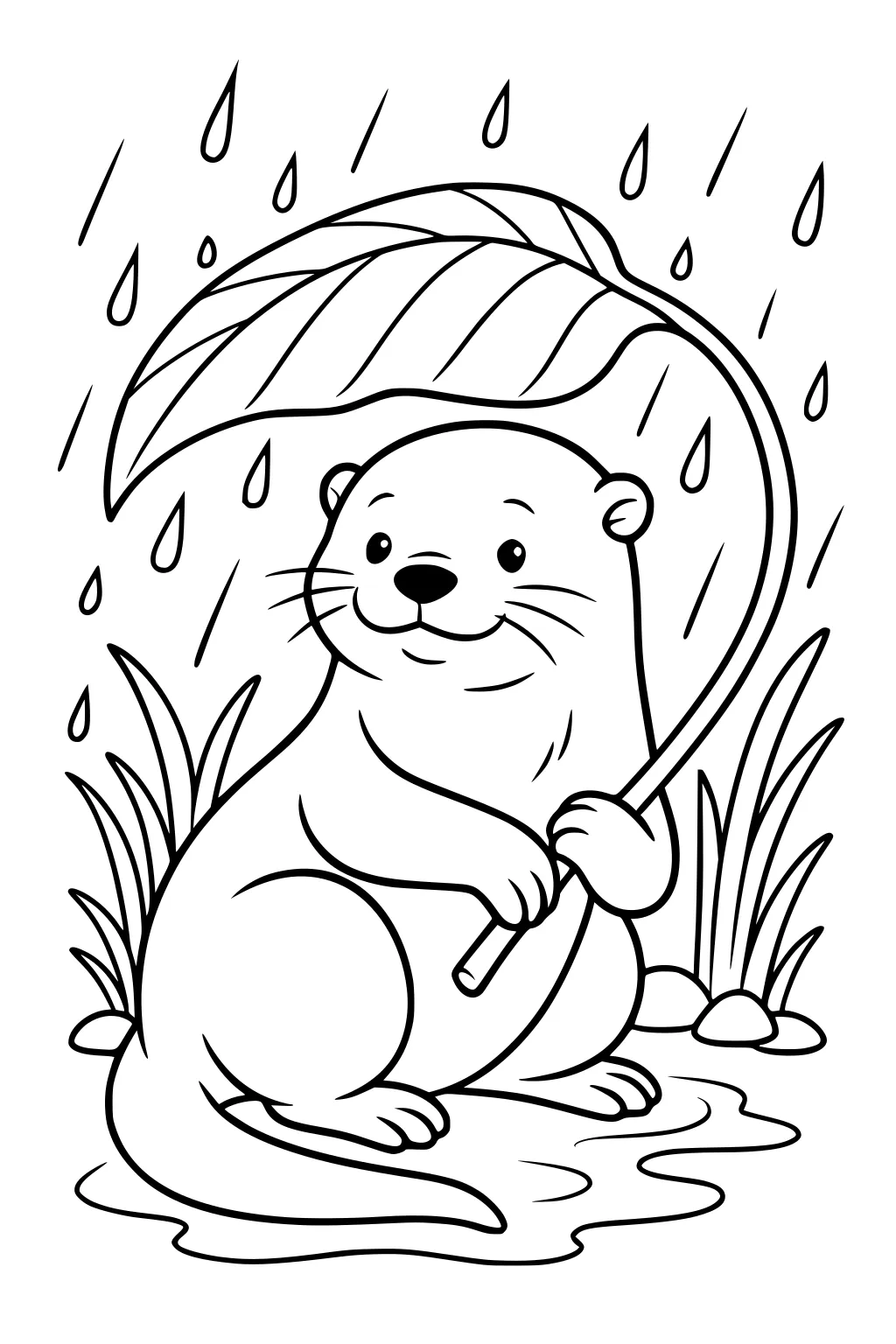 Otter holding a big leaf overhead for shelter, surrounded by grass, puddles, and falling raindrops.