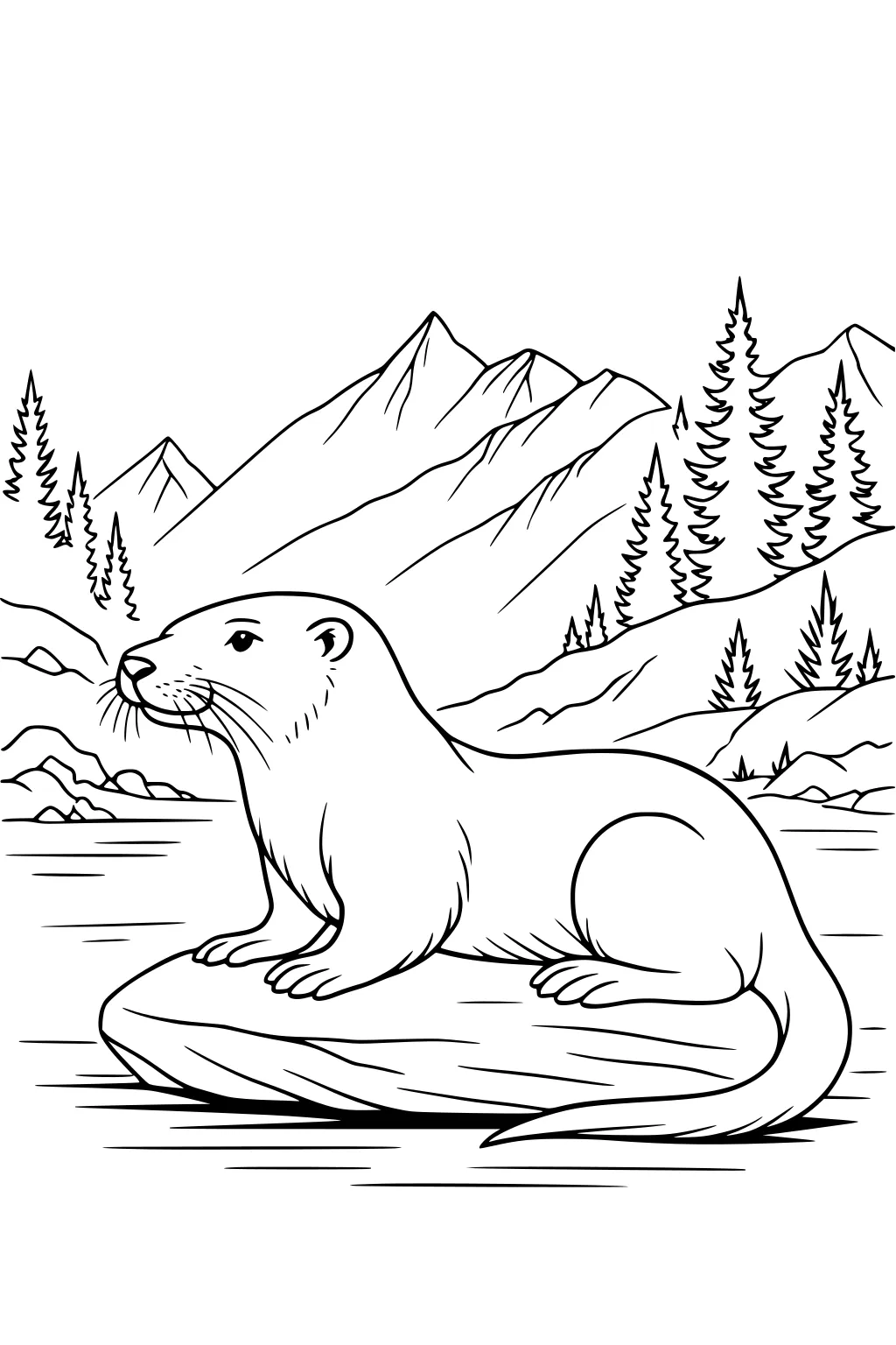 River otter lying on a rock beside a river, with pine trees and mountains in the background.