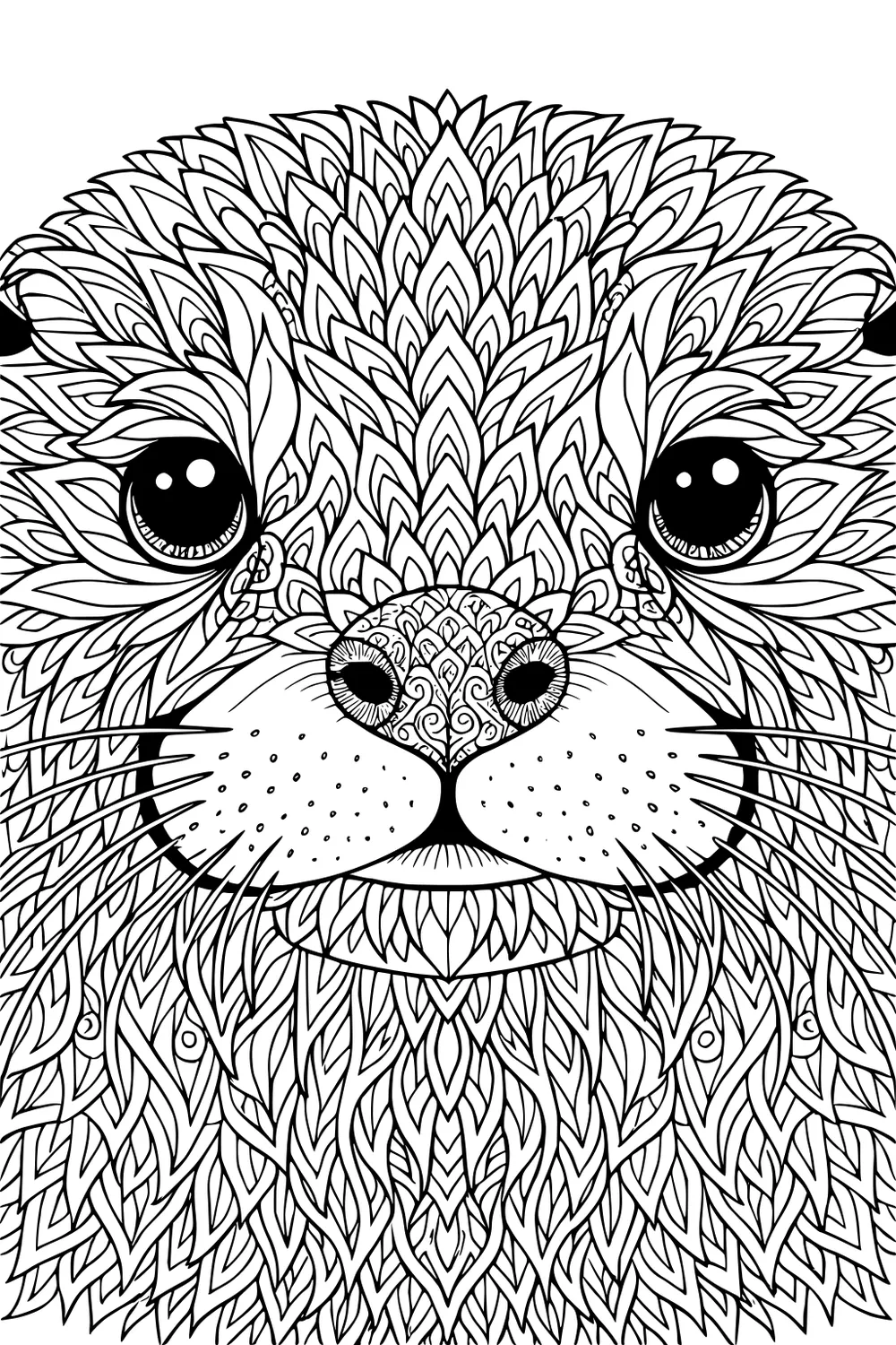 Detailed otter face with swirling, leaf-like fur patterns and large black eyes, nose in the center, and whiskers pointing out.