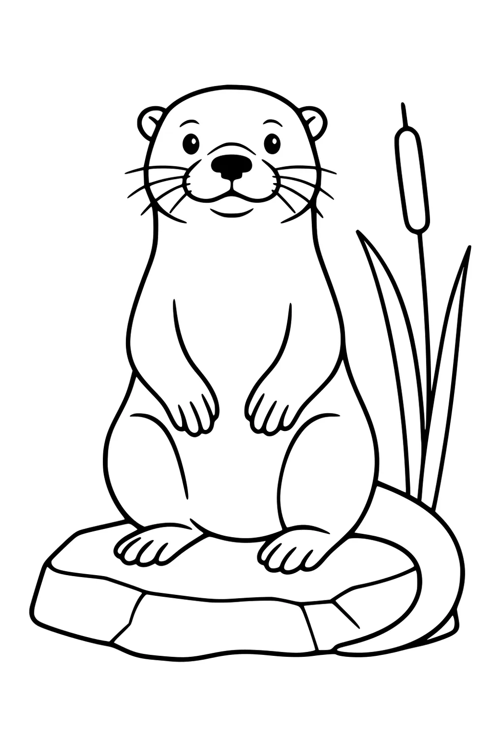 Cartoon otter sitting on a rock in a pond, with tall grass, cattails, and clouds in the background.
