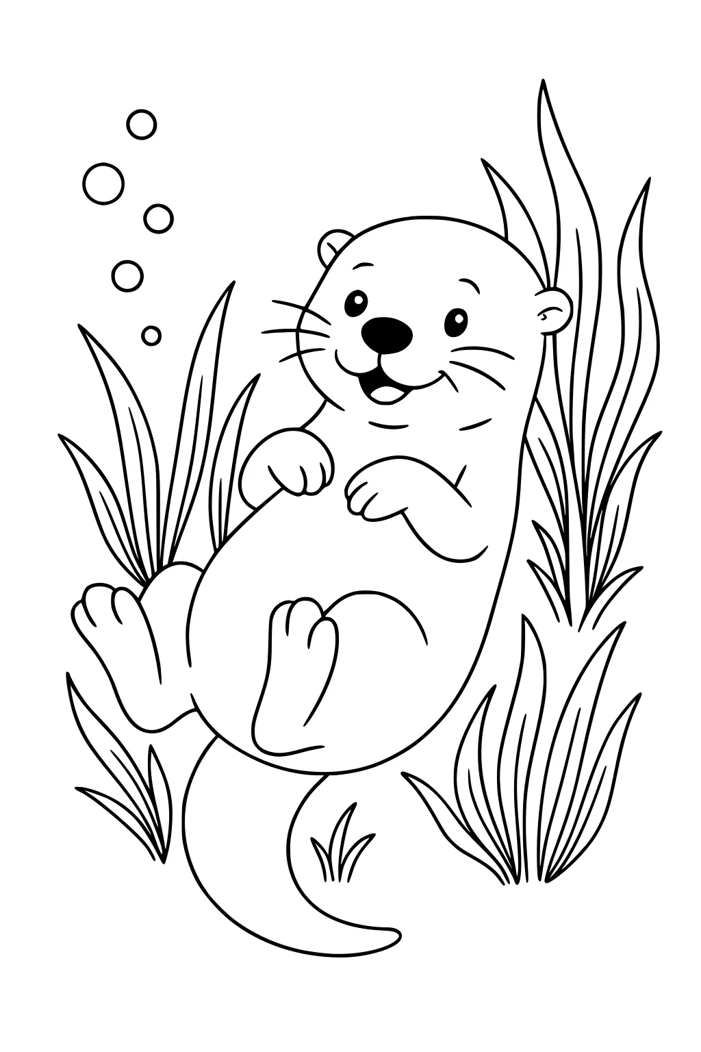 Smiling otter floating on its back with bubbles and tall water plants around it.