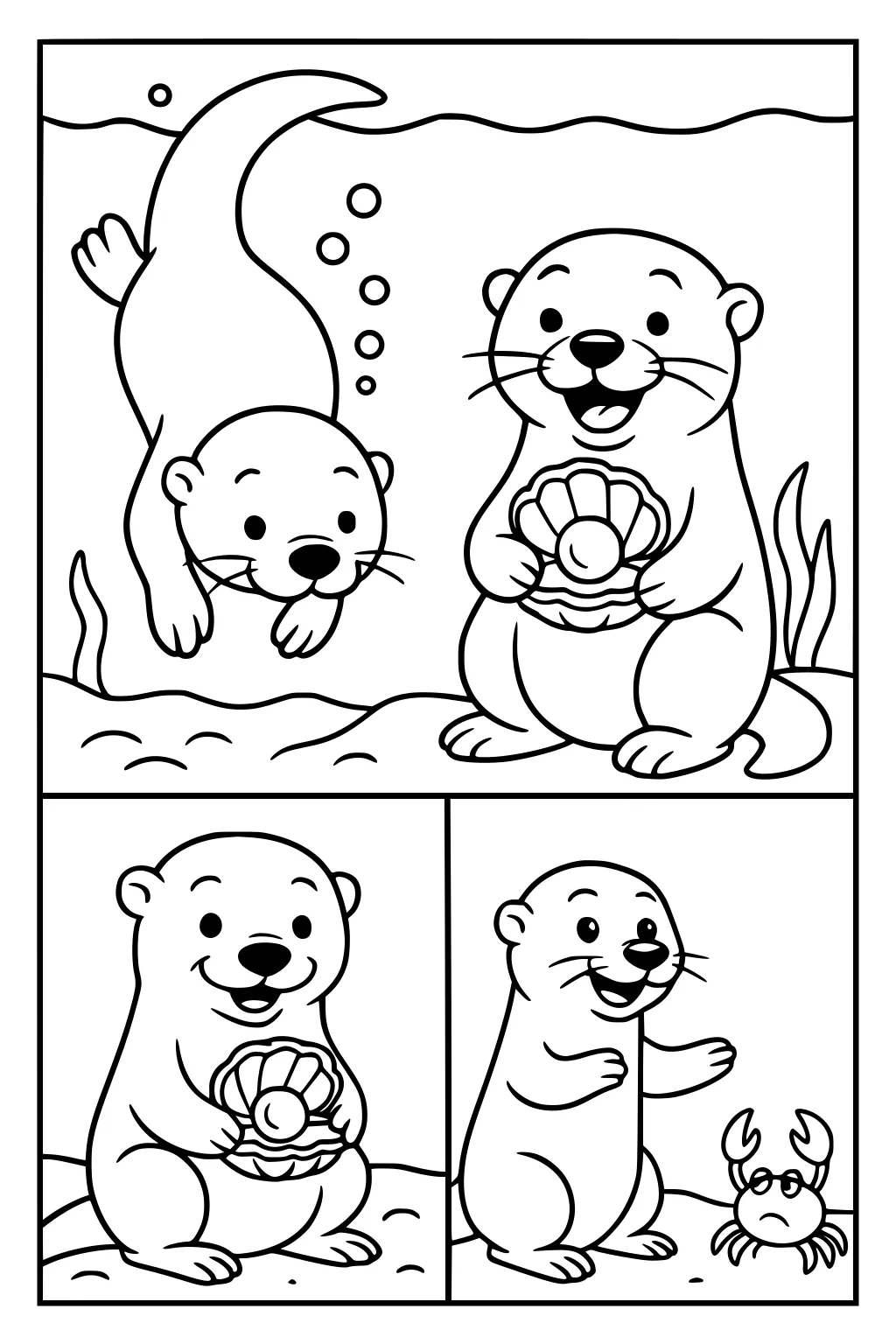 Two otters underwater with a pearl shell, seaweed, and a small crab. The otters smile, swim, and hold the shell.