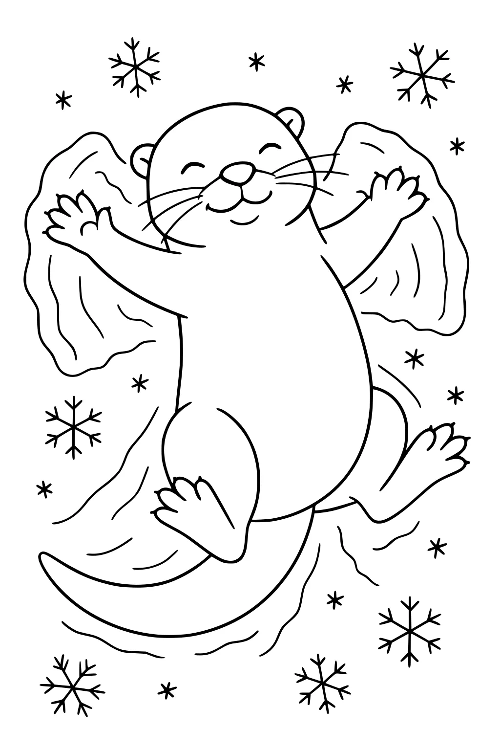 Smiling otter on its back making a snow angel, with outstretched legs and snowflakes falling around.