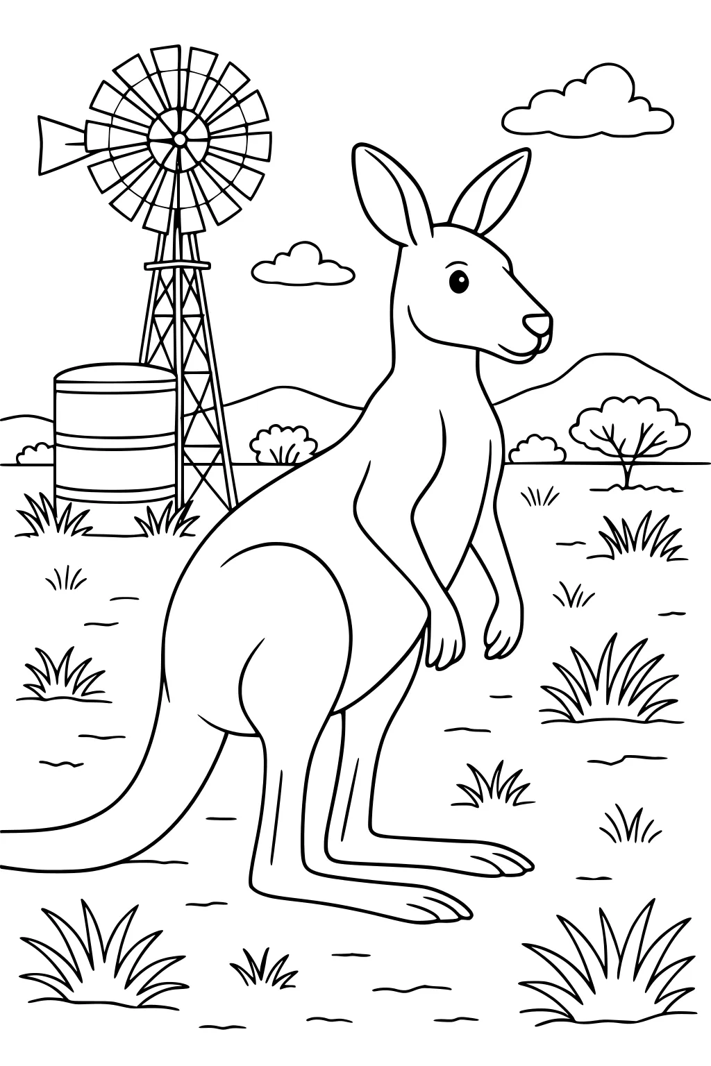 Kangaroo standing in grassy field with windmill, water tank, clouds, hills, and scattered small trees.