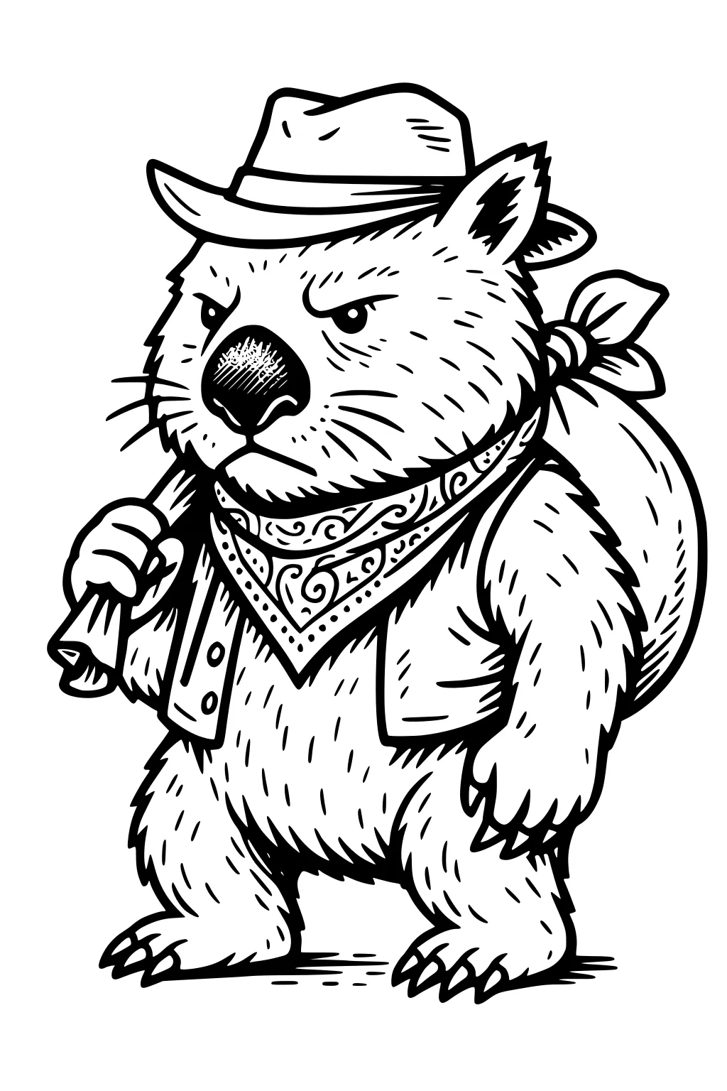 Cartoon wombat in hat, vest, and bandana holding a rolled map with a bindle sack over his shoulder, standing upright.