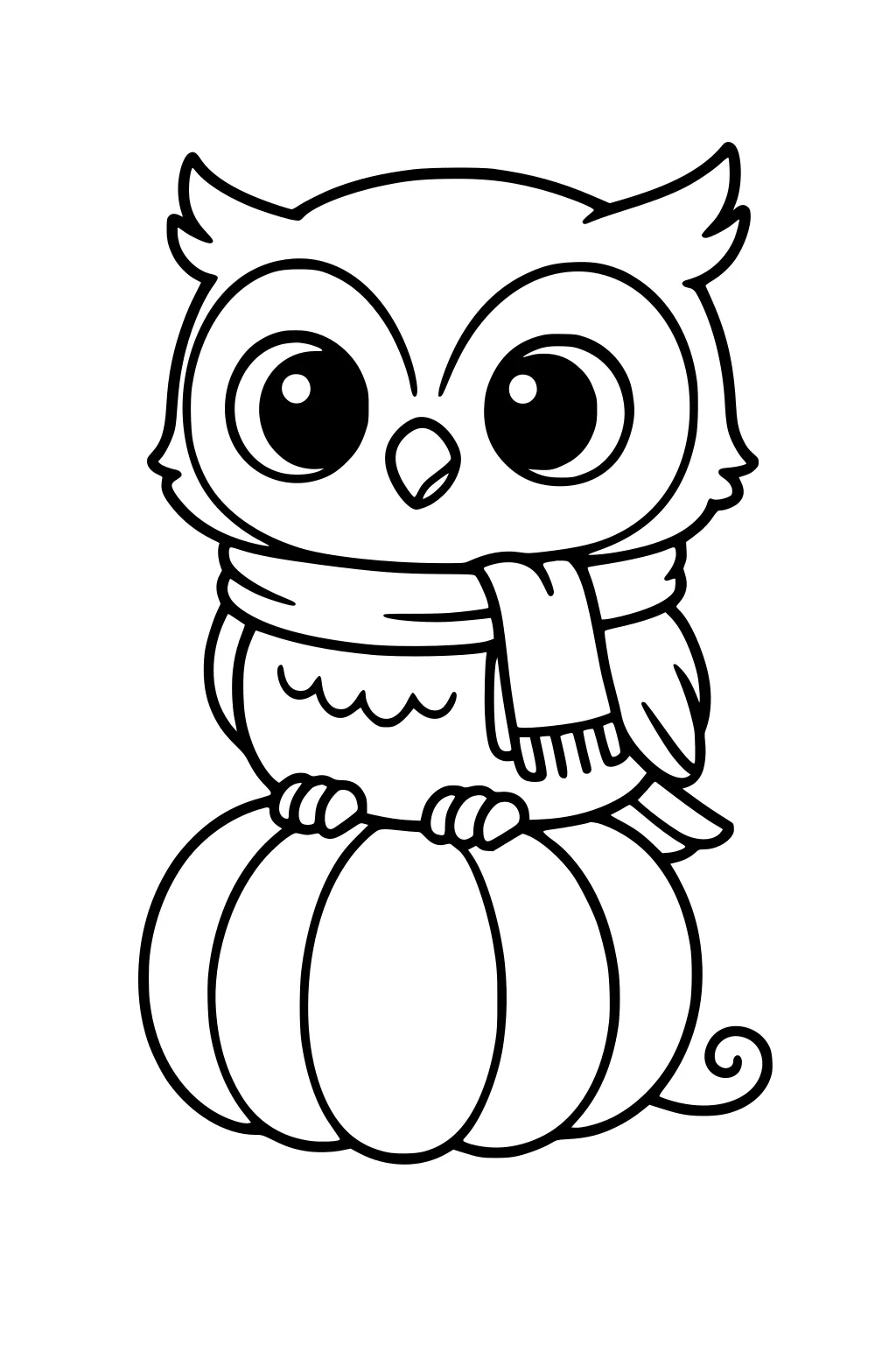 Cartoon owl in a scarf perched on a large pumpkin with big round eyes, small wings, and a curling vine; simple bold outlines.