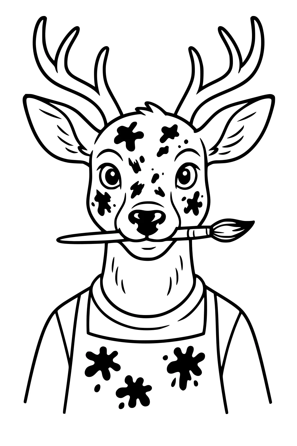 Deer with big antlers wears a paint-splattered apron and holds a paintbrush in his mouth.