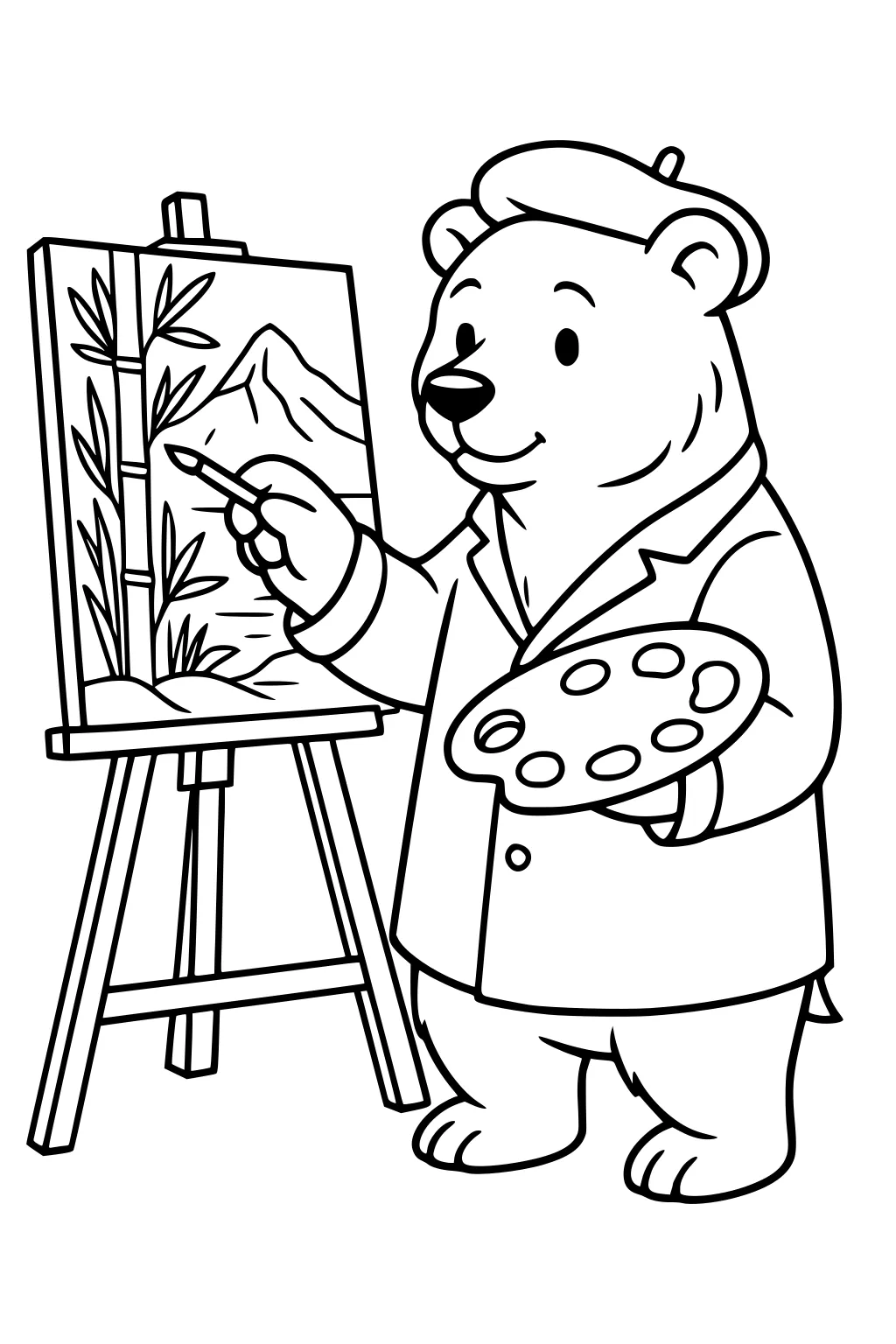 Bear wearing a beret painting bamboo and a mountain scene on an easel canvas.