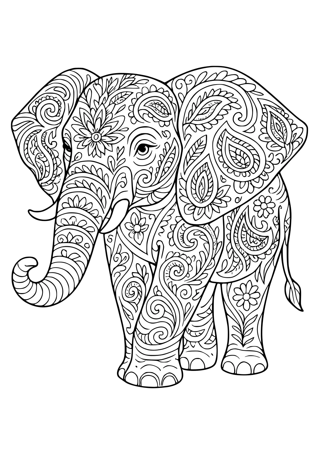 Elephant with large ears and trunk, covered in paisley and floral pattern designs on head, ears, body, and legs.