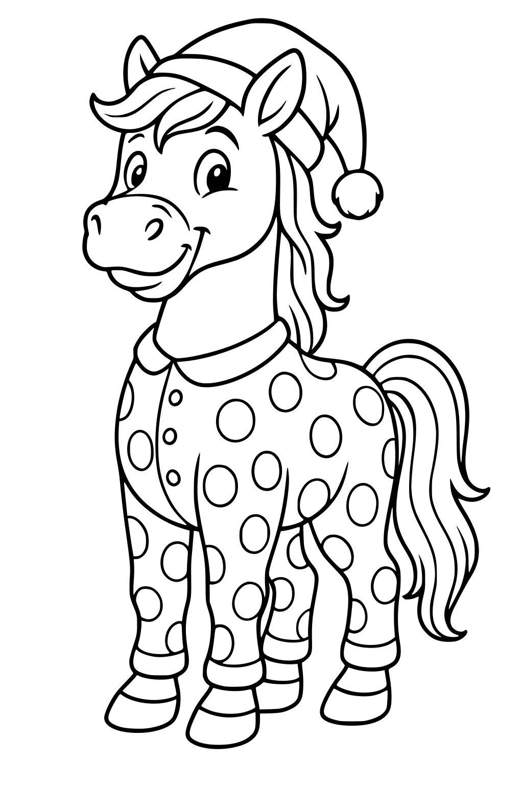 Cartoon horse wearing polka dot pajamas and nightcap, standing upright with cheerful eyes and a big smile.