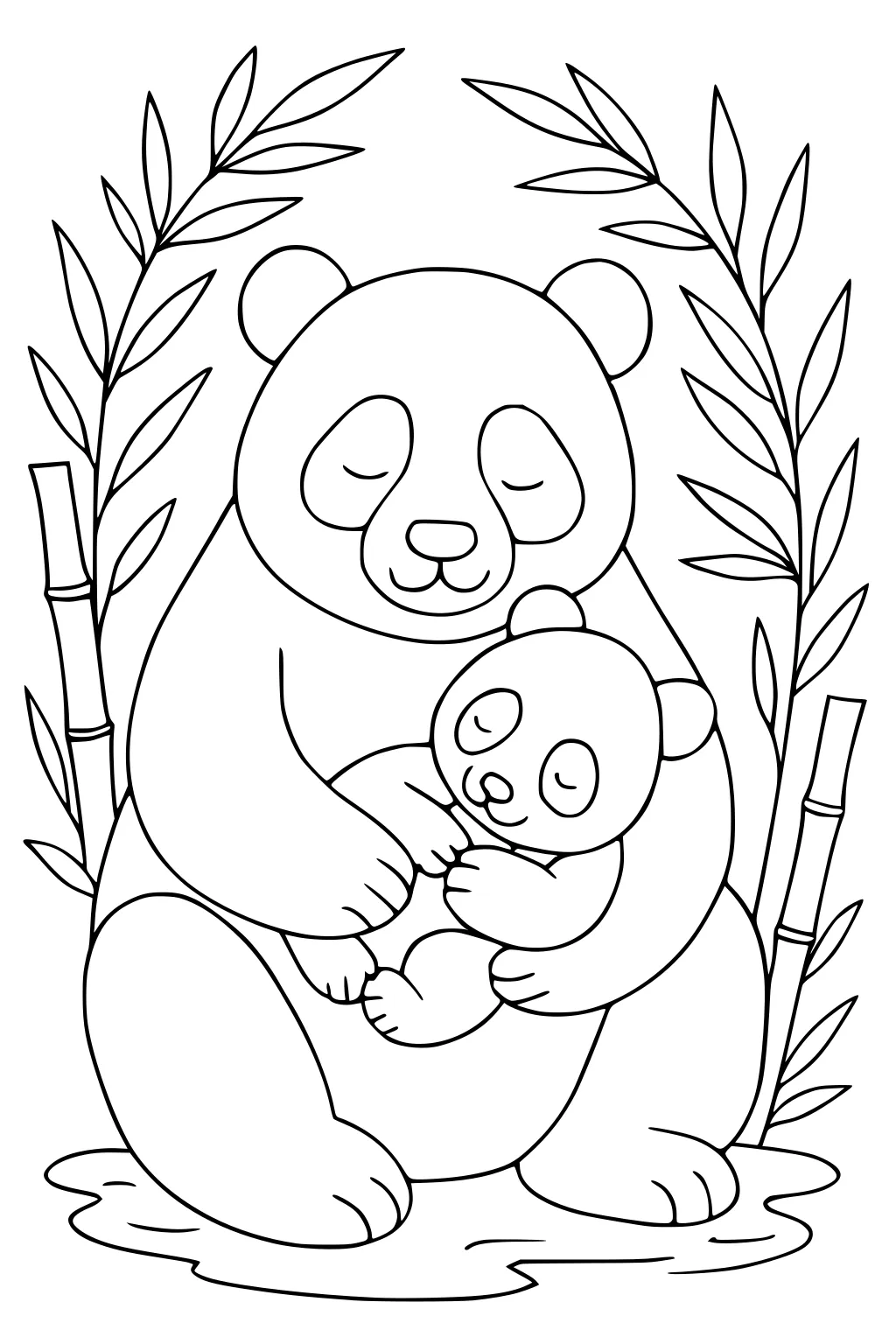 Large panda hugs baby panda while both sleep, surrounded by bamboo stalks and leafy shoots.